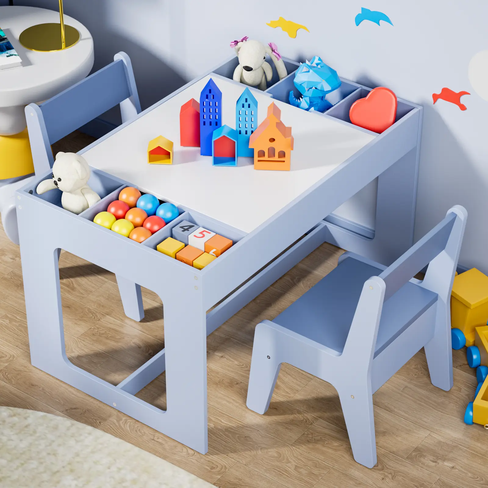 Wooden Toddler 3 in 1 Kids Table and 2 Chairs Set with Storage, Children Activity Table for Boys and Girls