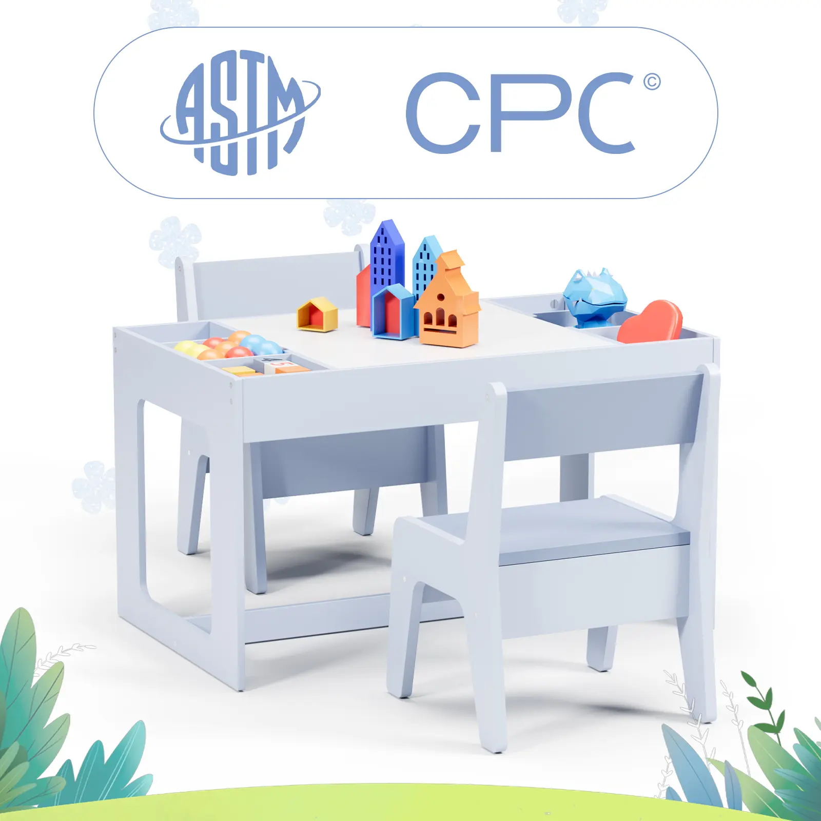 Wooden Toddler 3 in 1 Kids Table and 2 Chairs Set with Storage, Children Activity Table for Boys and Girls