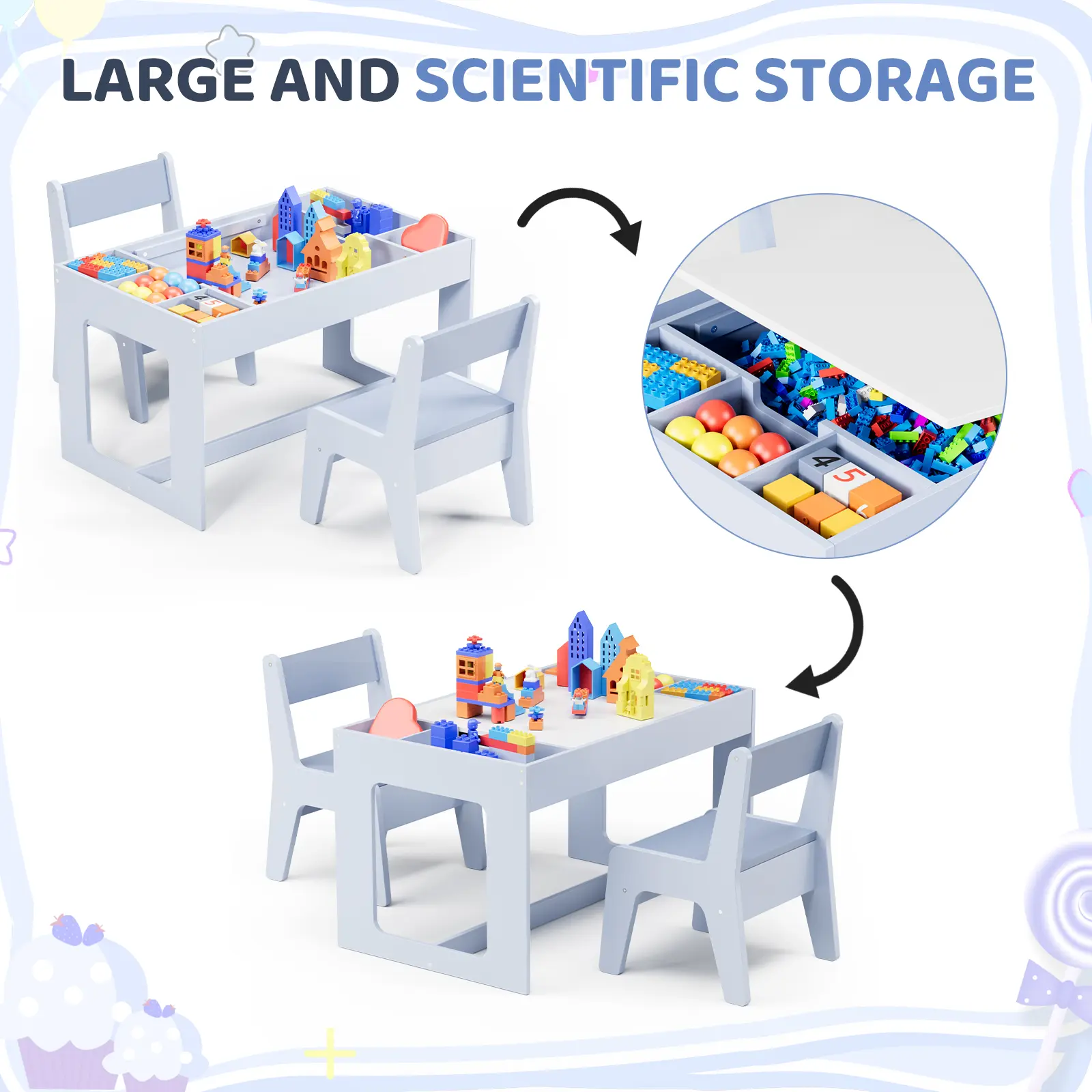 Wooden Toddler 3 in 1 Kids Table and 2 Chairs Set with Storage, Children Activity Table for Boys and Girls