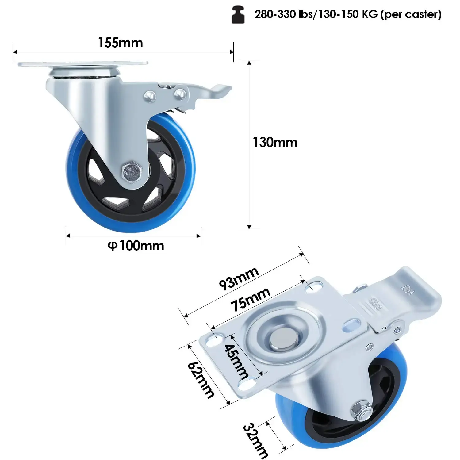 Fixkit 4x 100mm Swivel Castors with Brake Transport Castors Heavy Duty Castors 150kg Per Castor Polyurethane Furniture Wheel