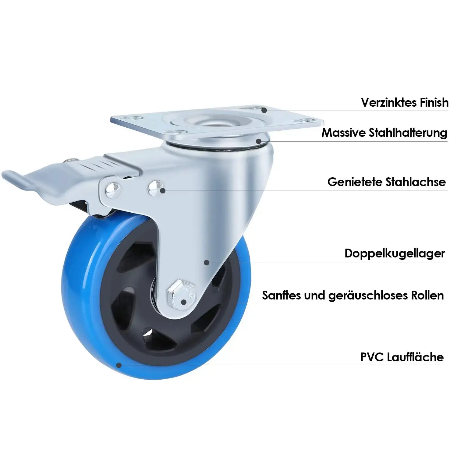 Fixkit 4x 100mm Swivel Castors with Brake Transport Castors Heavy Duty Castors 150kg Per Castor Polyurethane Furniture Wheel