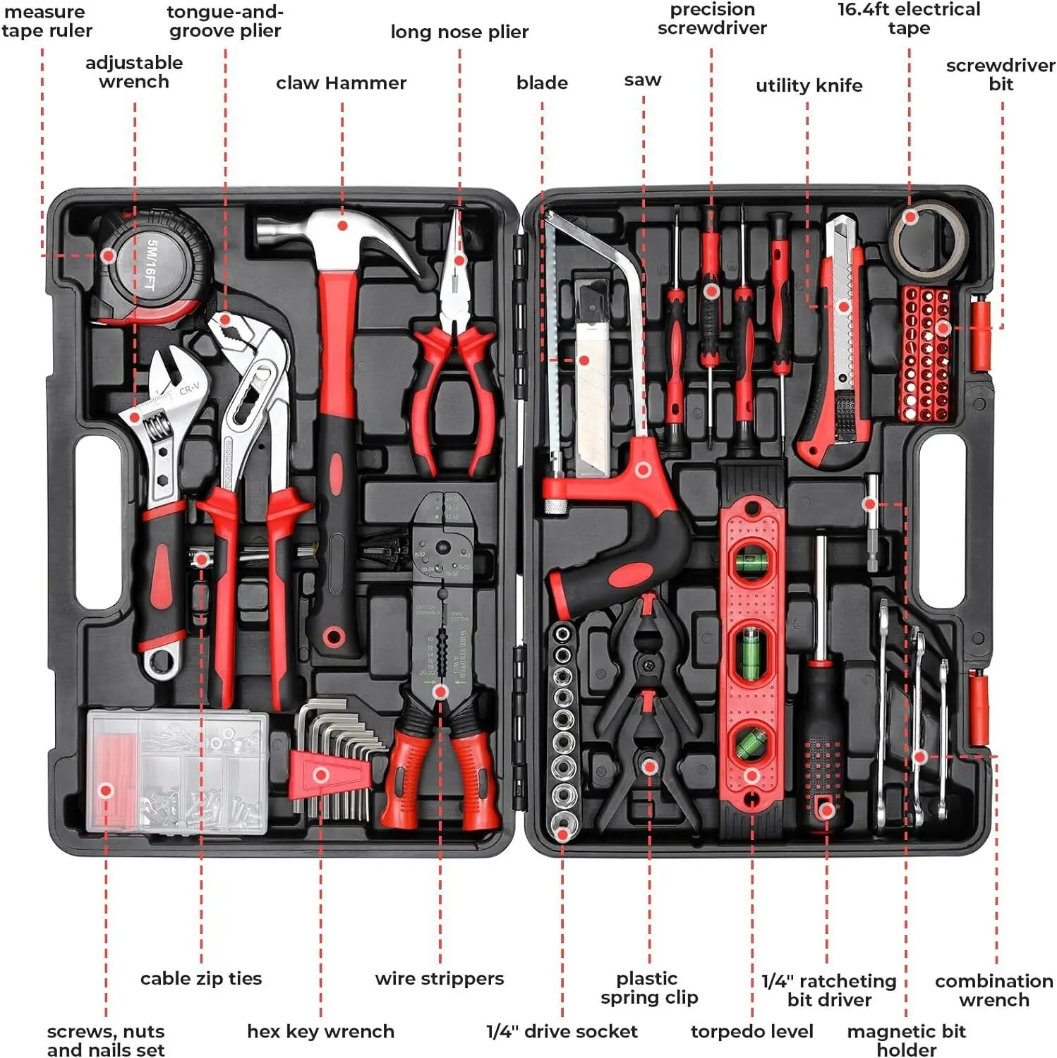 218-Piece Household Tool Kit Auto Repair Tool Set Tool Kits Homeowner Plier, Screwdriver Set Socket Kit and Toolbox Storage Case