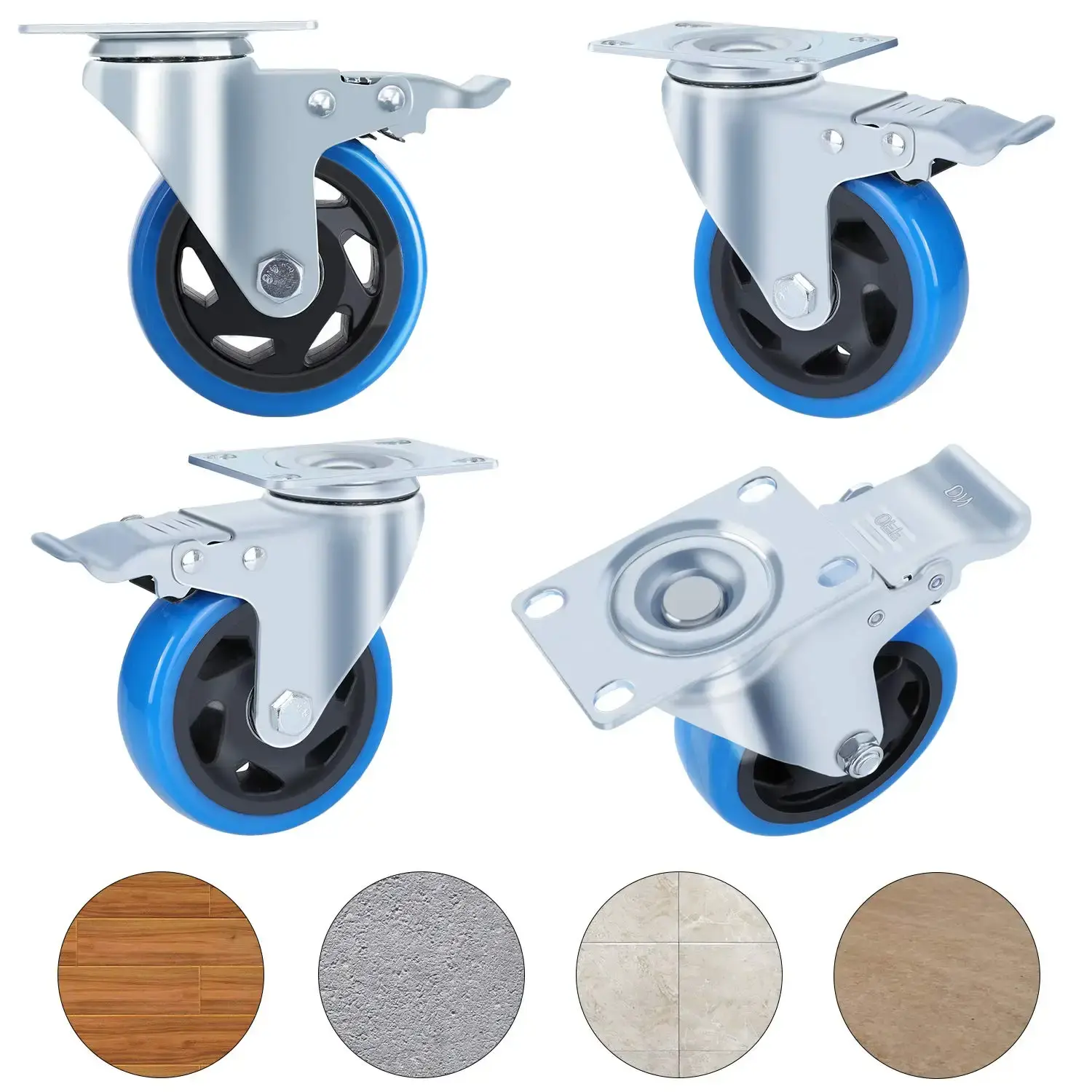 Fixkit 4x 100mm Swivel Castors with Brake Transport Castors Heavy Duty Castors 150kg Per Castor Polyurethane Furniture Wheel