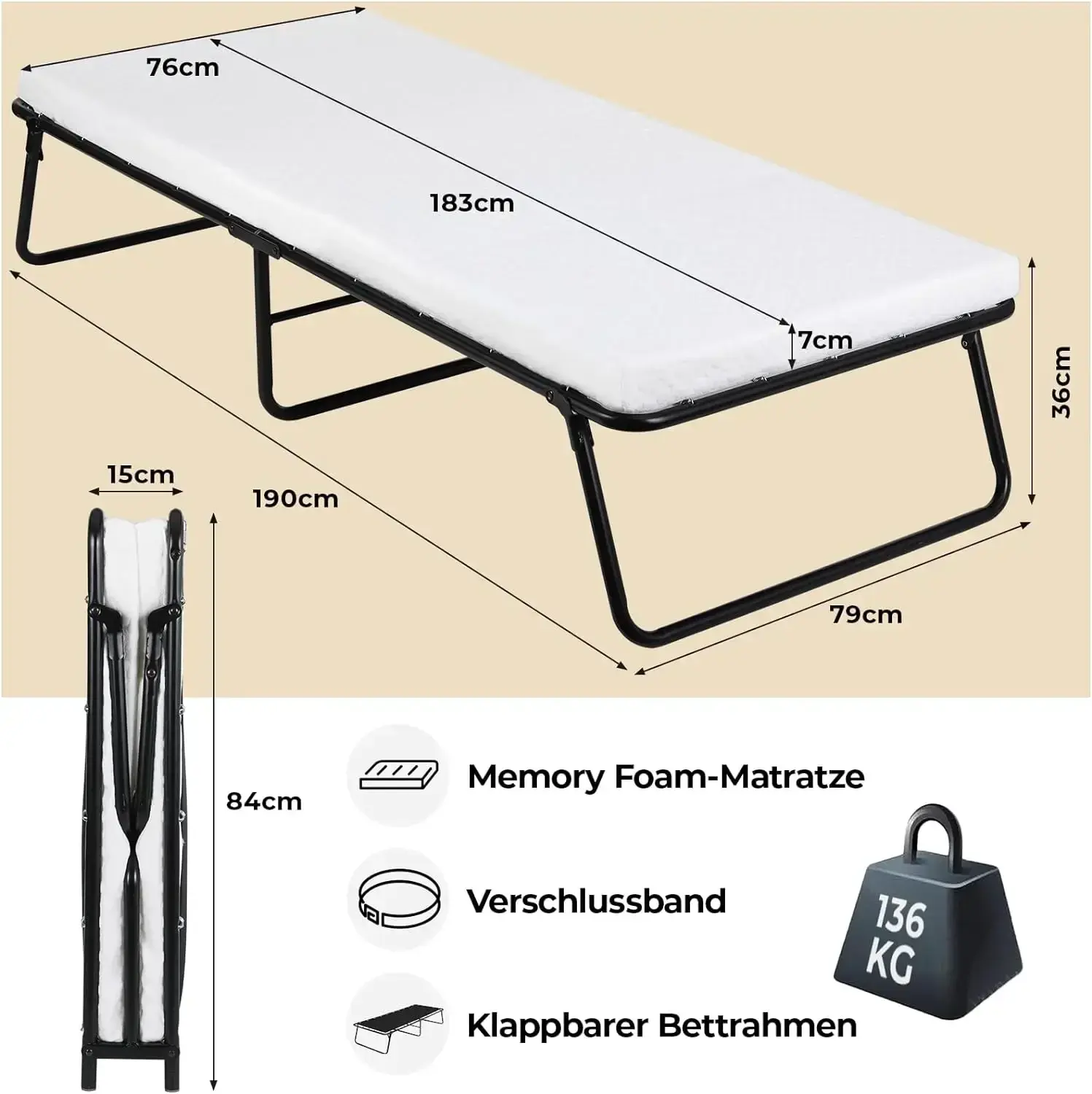Folding Bed,Adult Guest Bed,80x190cm with 7cm Thick Memory Foam Mattress, Single Bed, Foldable Bed with Mattress Portable
