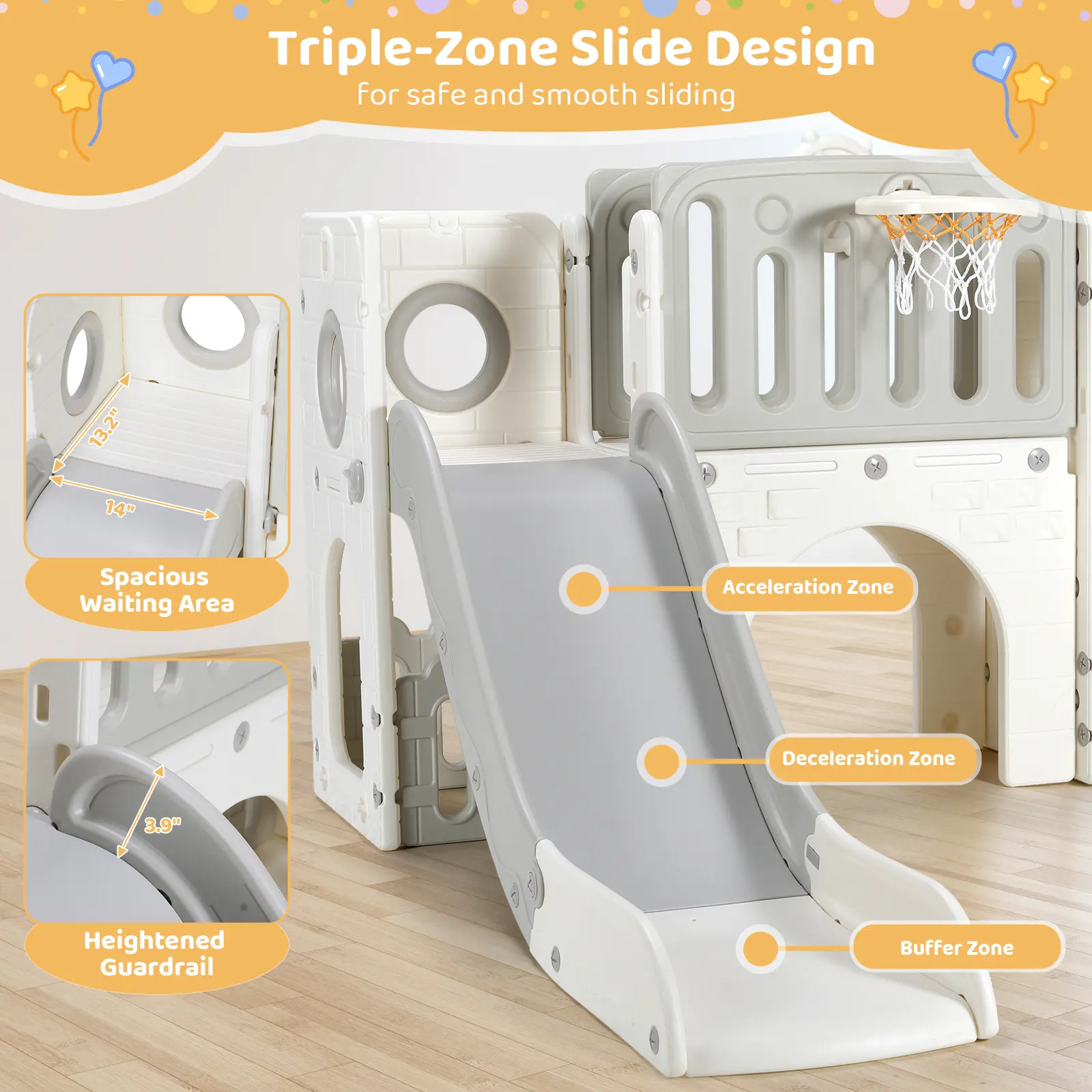 Toddler Slide, 9 in 1 Kids Slide and Climber Playset Indoor Outdoor Playground for Children, w/Basketball Hoop & Ball Telescope