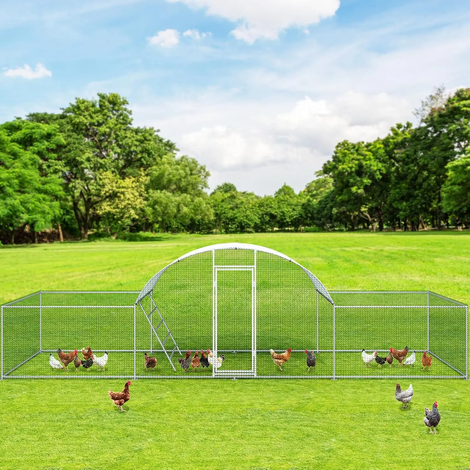 23ft Metal Chicken Coop, 3-Room Dome-Roof Poultry Pen, Large Hen Run Enclosure, Walk-in Galvanized Duck Rabbit Cage House L 7M