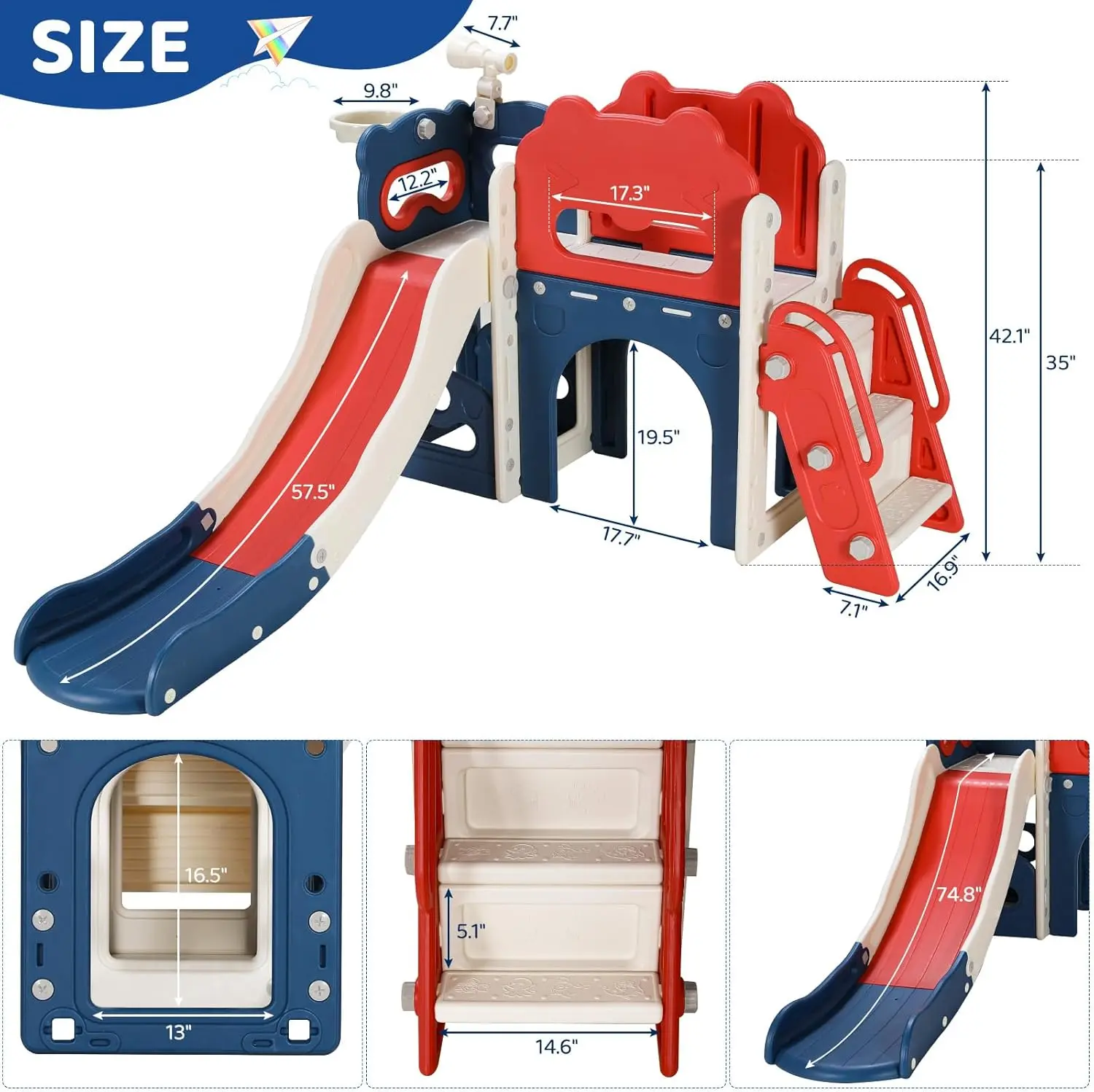 8-in-1 Large Toddler Slide, L-Shaped Kids Slide Long Slope, Baby Climber Slide Playset Enclosed Steps,Telescope,Basketball Hoop