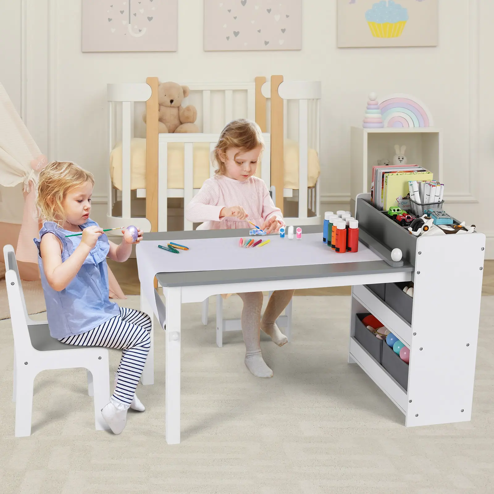 AuAg 2 in1 Children Table and Chair Art Table Wooden Children Play Activity Drawing Kids Wooden Craft Table with Storage Shelves