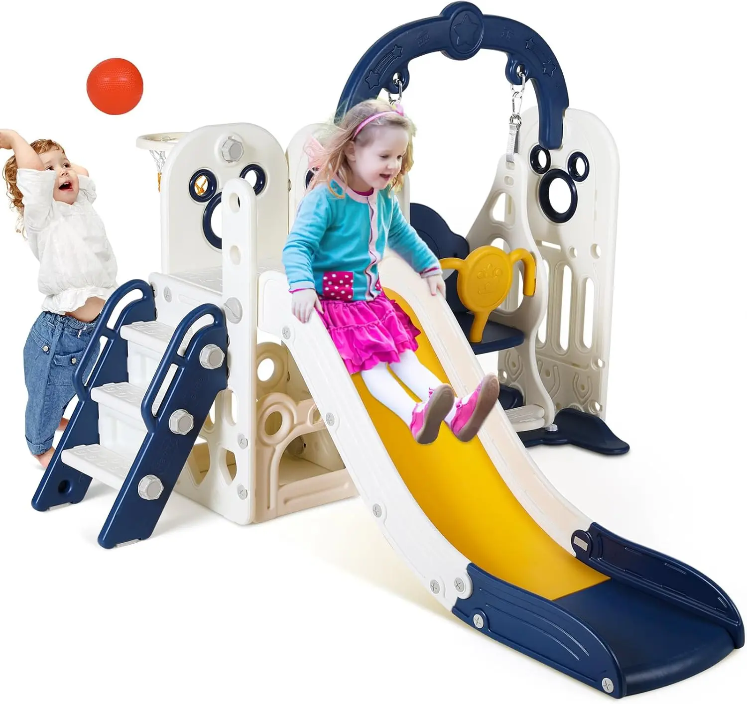 Swing Slide for Kids, 6 in 1 Slide Climber for Toddler, with Ball & Hoop, Storage Space, Suction Cup Reinforced Base, In/Outdoor