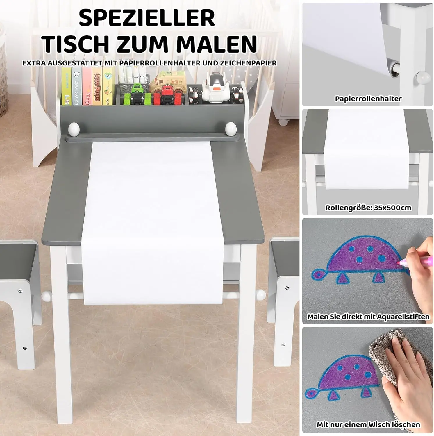 AuAg 2 in1 Children Table and Chair Art Table Wooden Children Play Activity Drawing Kids Wooden Craft Table with Storage Shelves