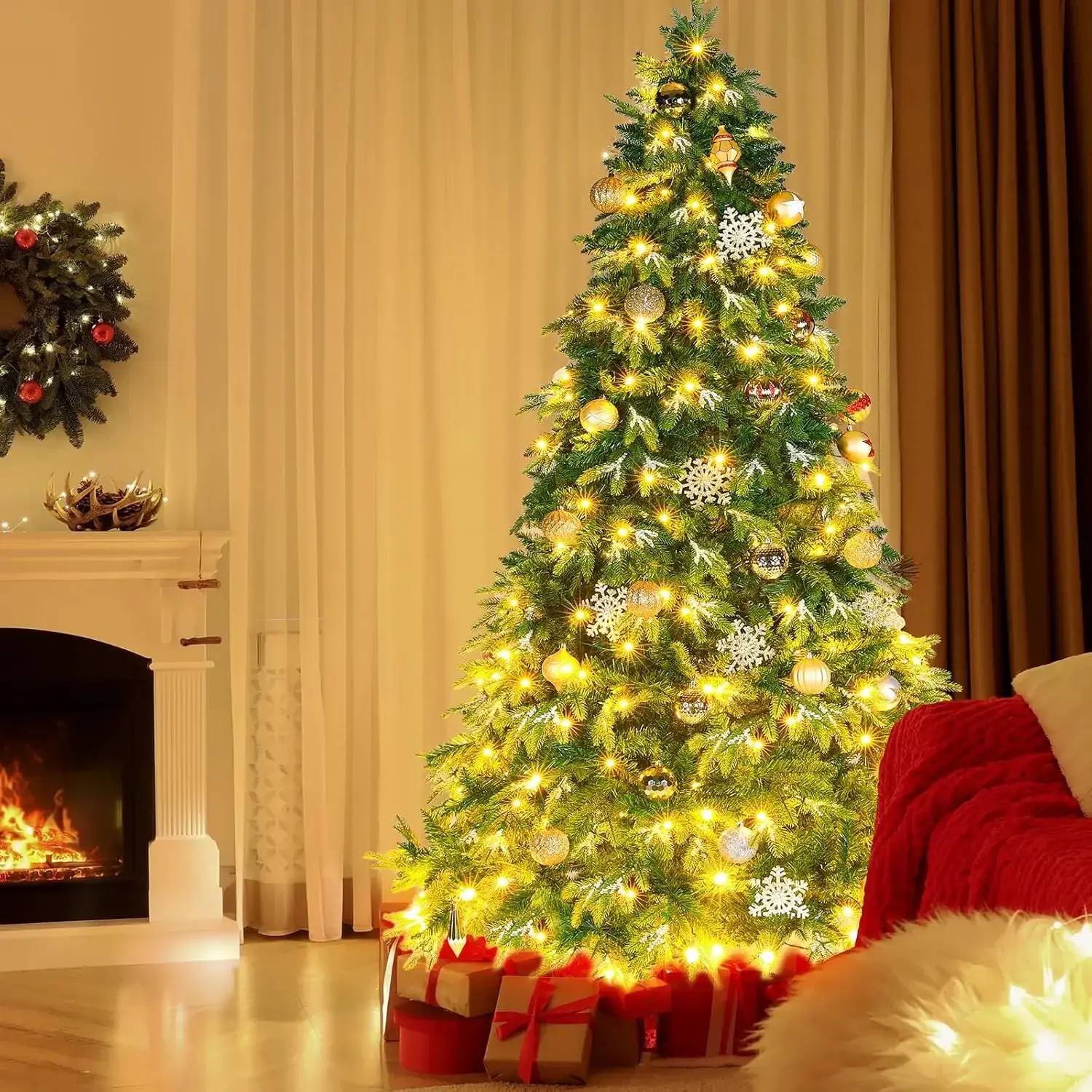 Ice Crystal Snow Spruce Artificial Holiday Xmas Tree w/ Branch Tips, Prelit Christmas Tree, Warm Lights, Auto-Expanded Hinges