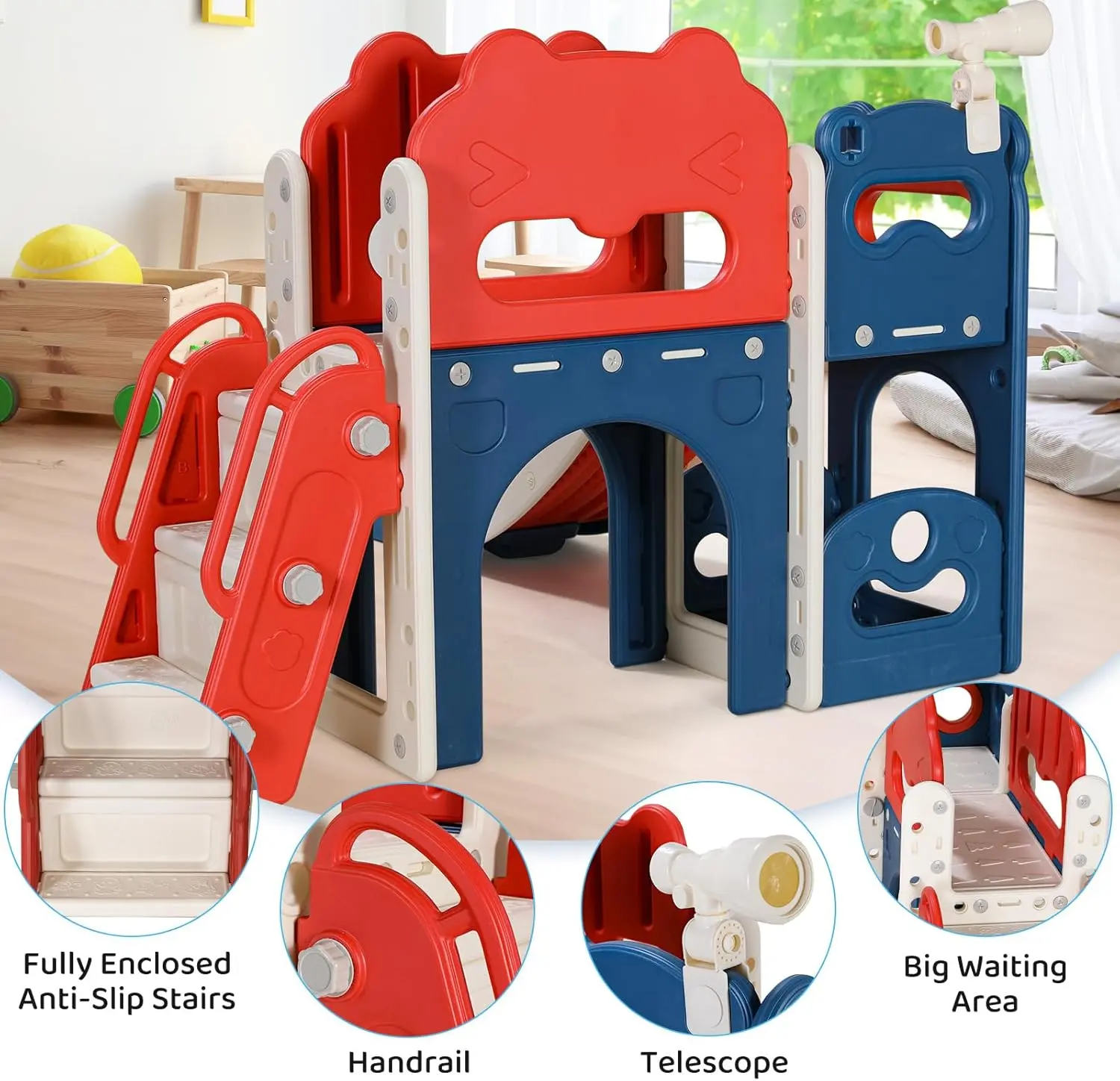 8-in-1 Large Toddler Slide, L-Shaped Kids Slide Long Slope, Baby Climber Slide Playset Enclosed Steps,Telescope,Basketball Hoop