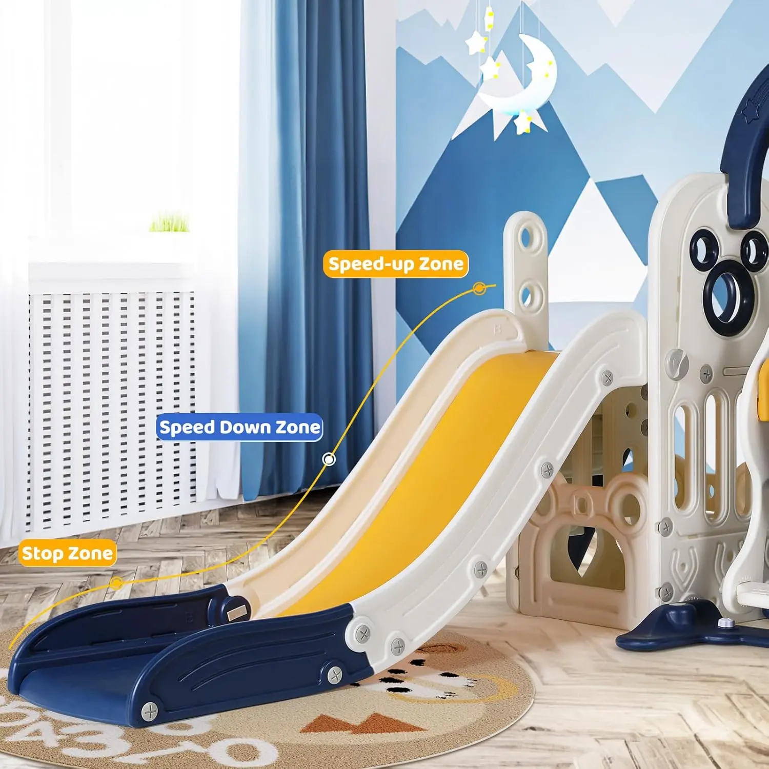 Swing Slide for Kids, 6 in 1 Slide Climber for Toddler, with Ball & Hoop, Storage Space, Suction Cup Reinforced Base, In/Outdoor