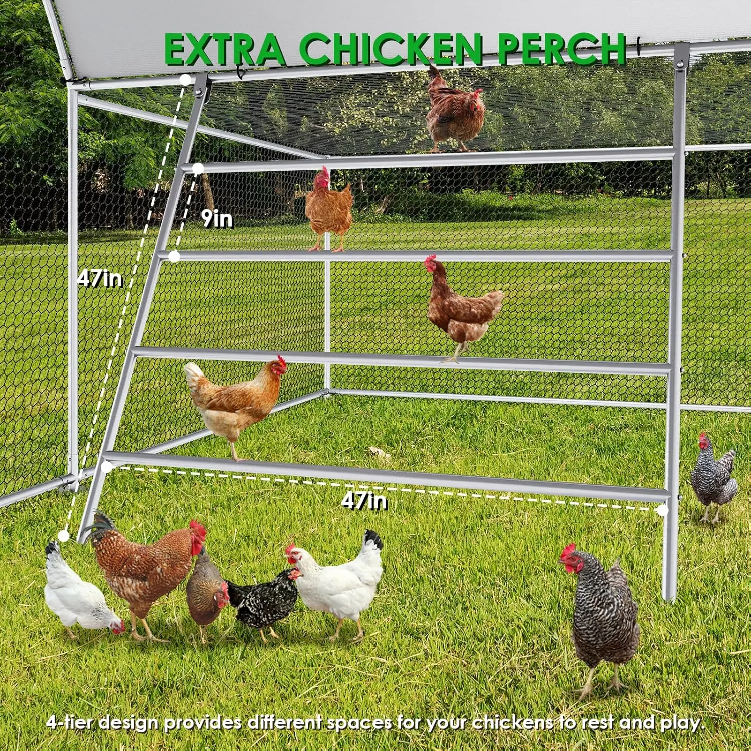 23ft Metal Chicken Coop, 3-Room Dome-Roof Poultry Pen, Large Hen Run Enclosure, Walk-in Galvanized Duck Rabbit Cage House L 7M