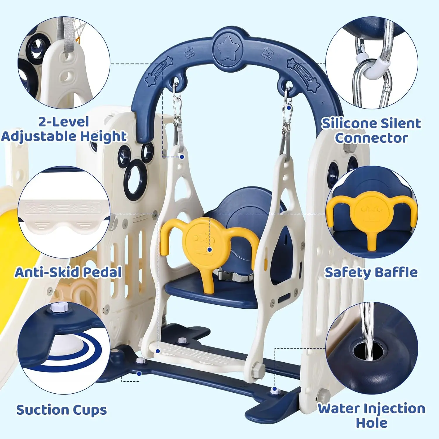 Swing Slide for Kids, 6 in 1 Slide Climber for Toddler, with Ball & Hoop, Storage Space, Suction Cup Reinforced Base, In/Outdoor