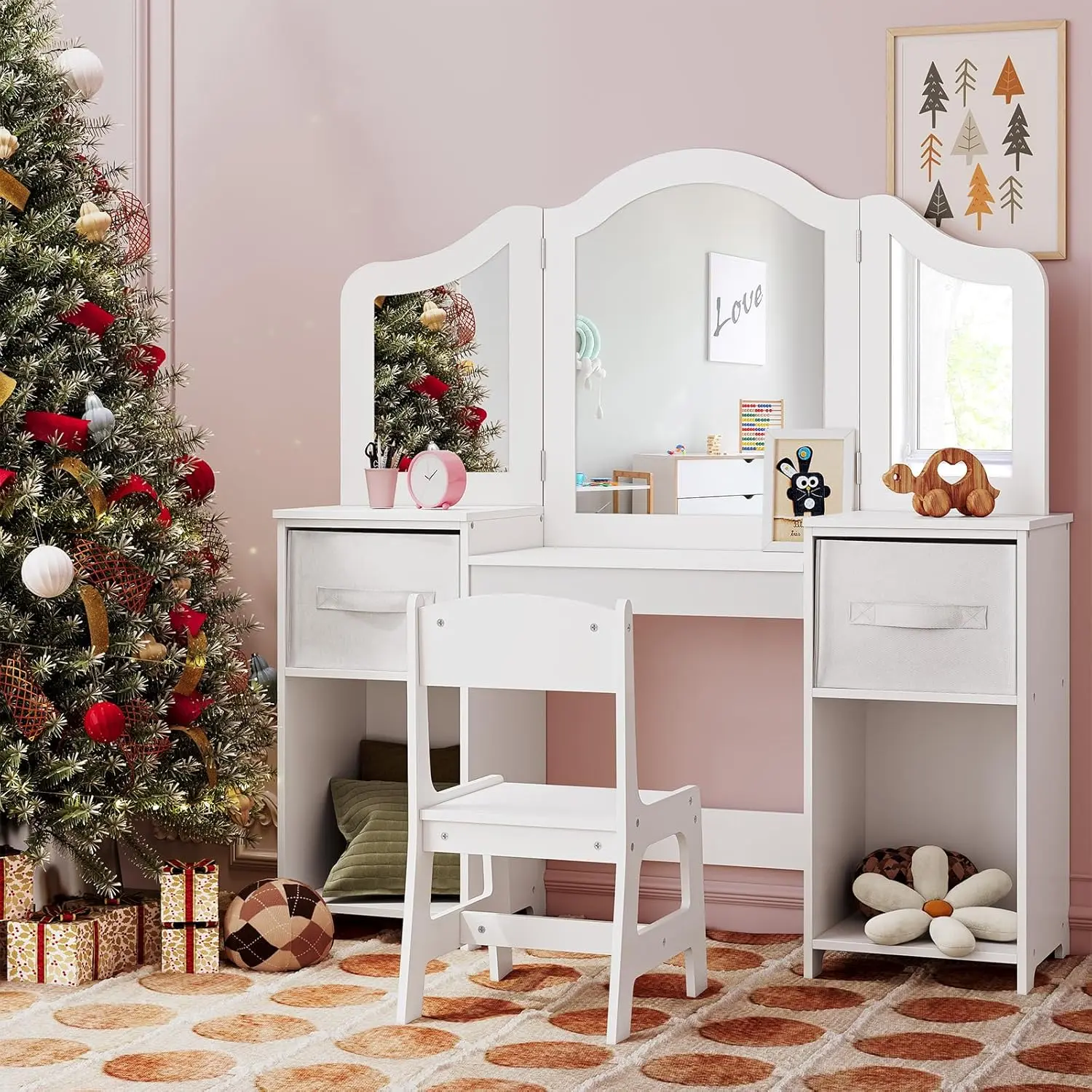 Kids Vanity, 2 in 1 Princess Makeup Desk & Chair Set with Tri-Folding Detachable Mirror, Large Storage Shelves, Wooden Pretend
