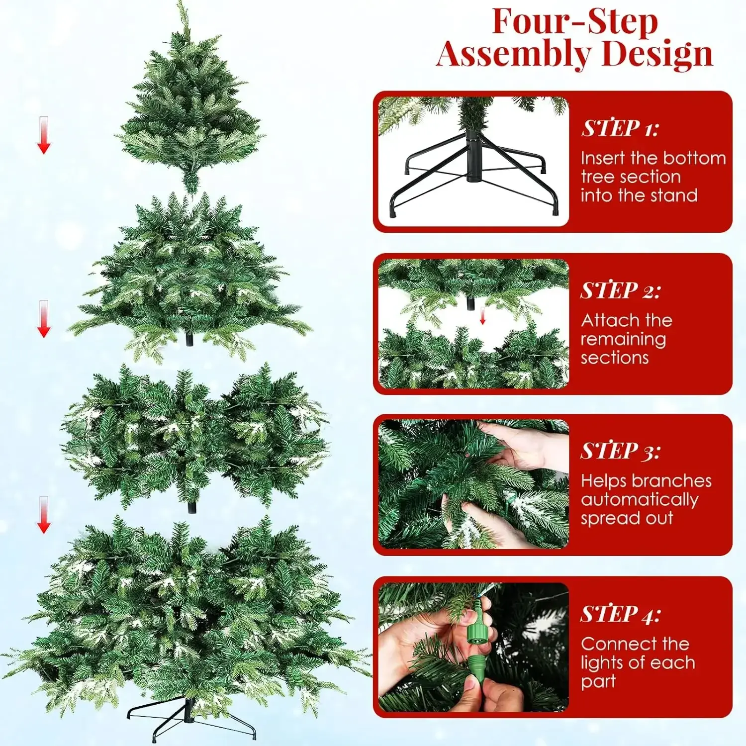 Ice Crystal Snow Spruce Artificial Holiday Xmas Tree w/ Branch Tips, Prelit Christmas Tree, Warm Lights, Auto-Expanded Hinges