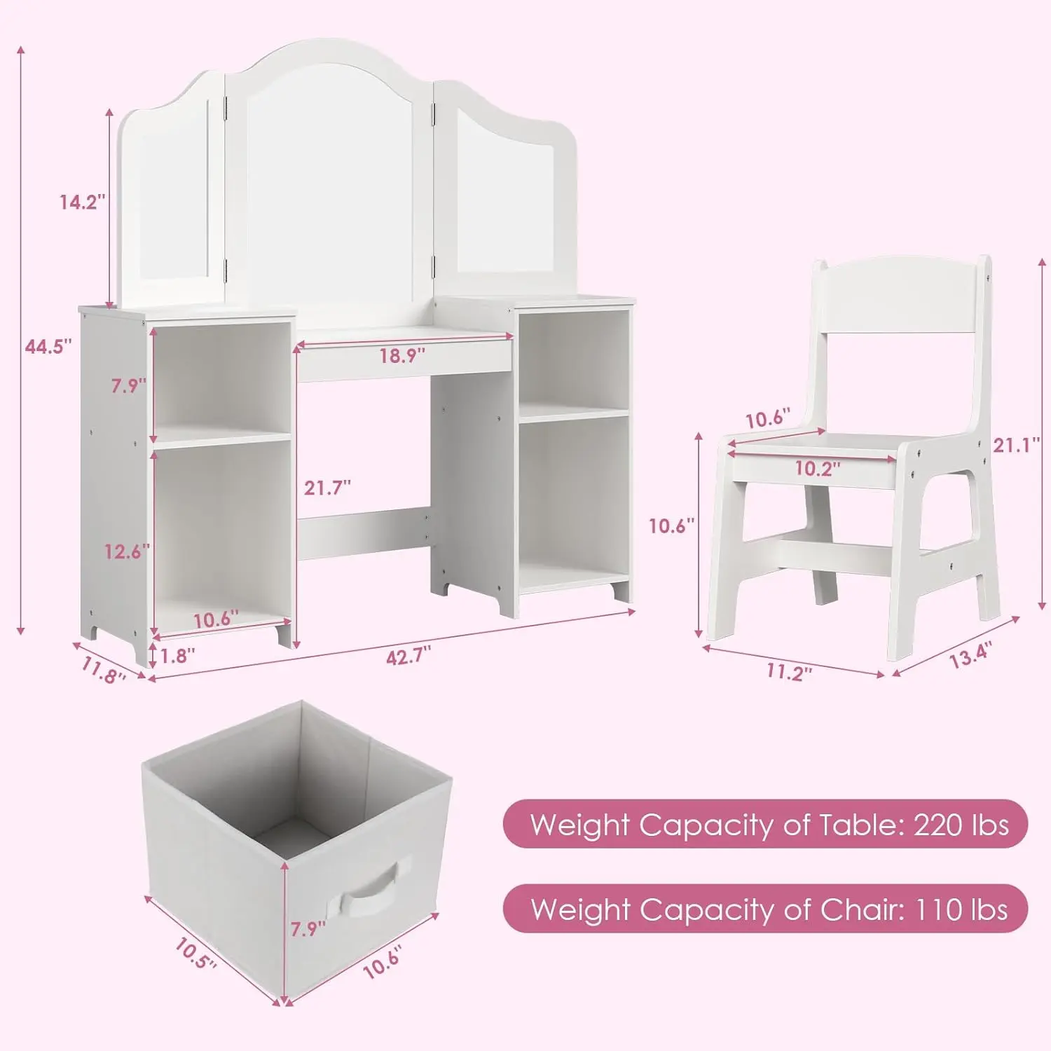 Kids Vanity, 2 in 1 Princess Makeup Desk & Chair Set with Tri-Folding Detachable Mirror, Large Storage Shelves, Wooden Pretend