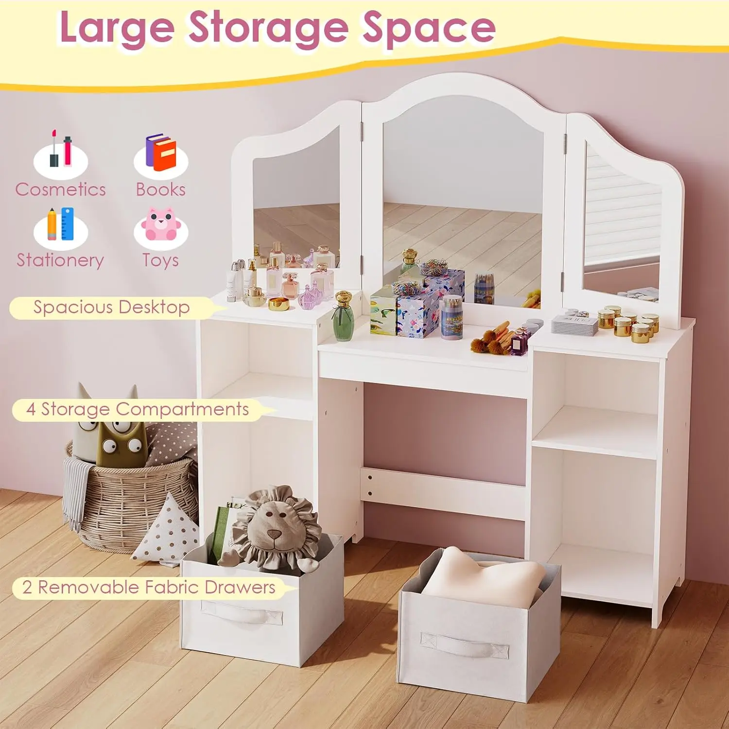 Kids Vanity, 2 in 1 Princess Makeup Desk & Chair Set with Tri-Folding Detachable Mirror, Large Storage Shelves, Wooden Pretend