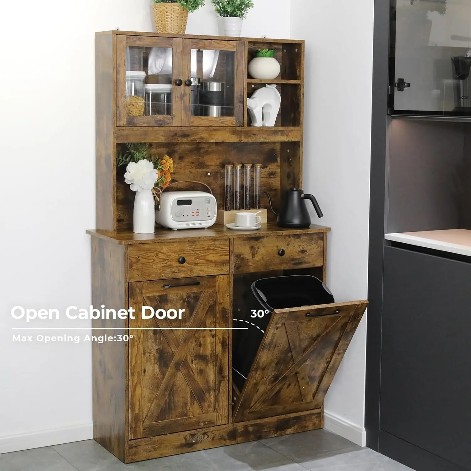 Homfa Kitchen Double Trash Can Wooden Storage Cabinet Freestanding 10X2 Gal Dual Tilt Out Garbage Bin
