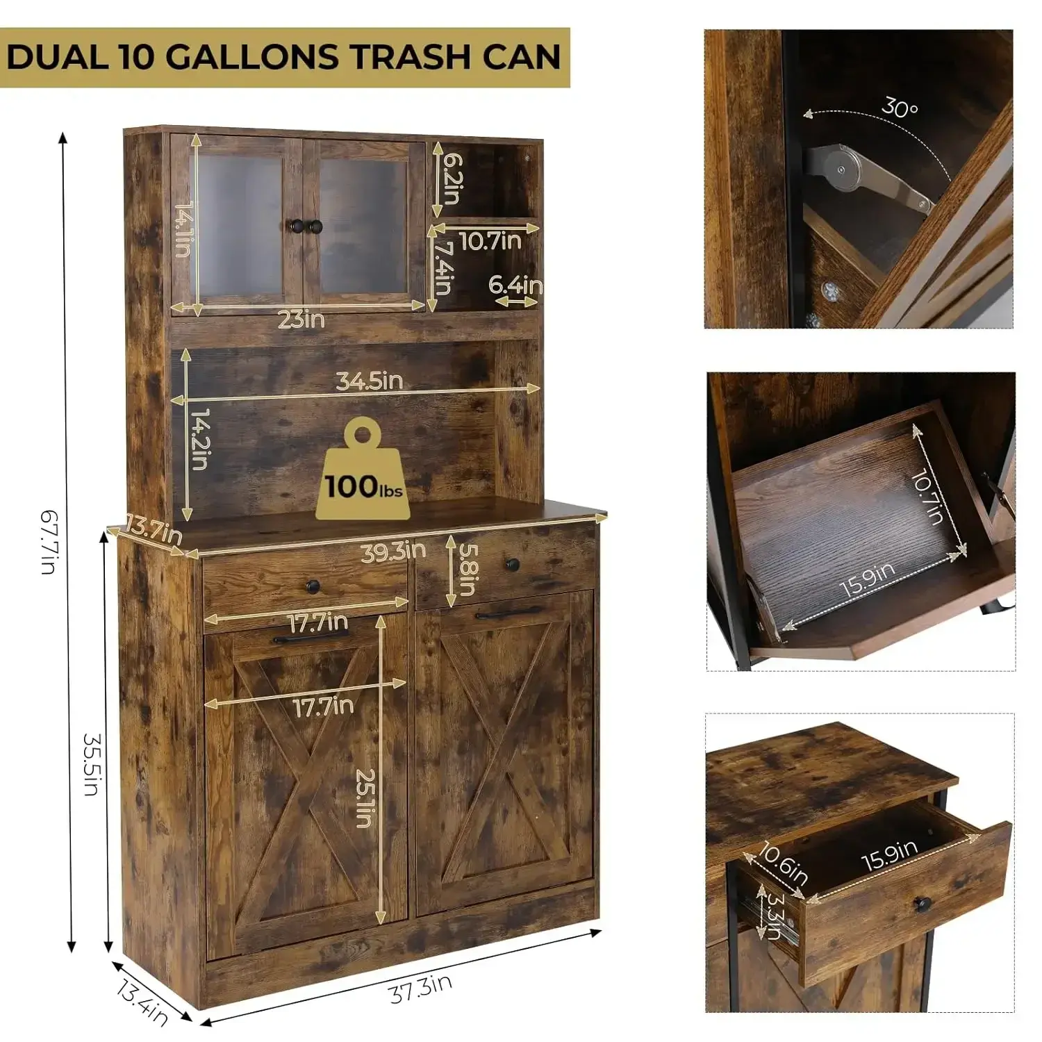 Homfa Kitchen Double Trash Can Wooden Storage Cabinet Freestanding 10X2 Gal Dual Tilt Out Garbage Bin