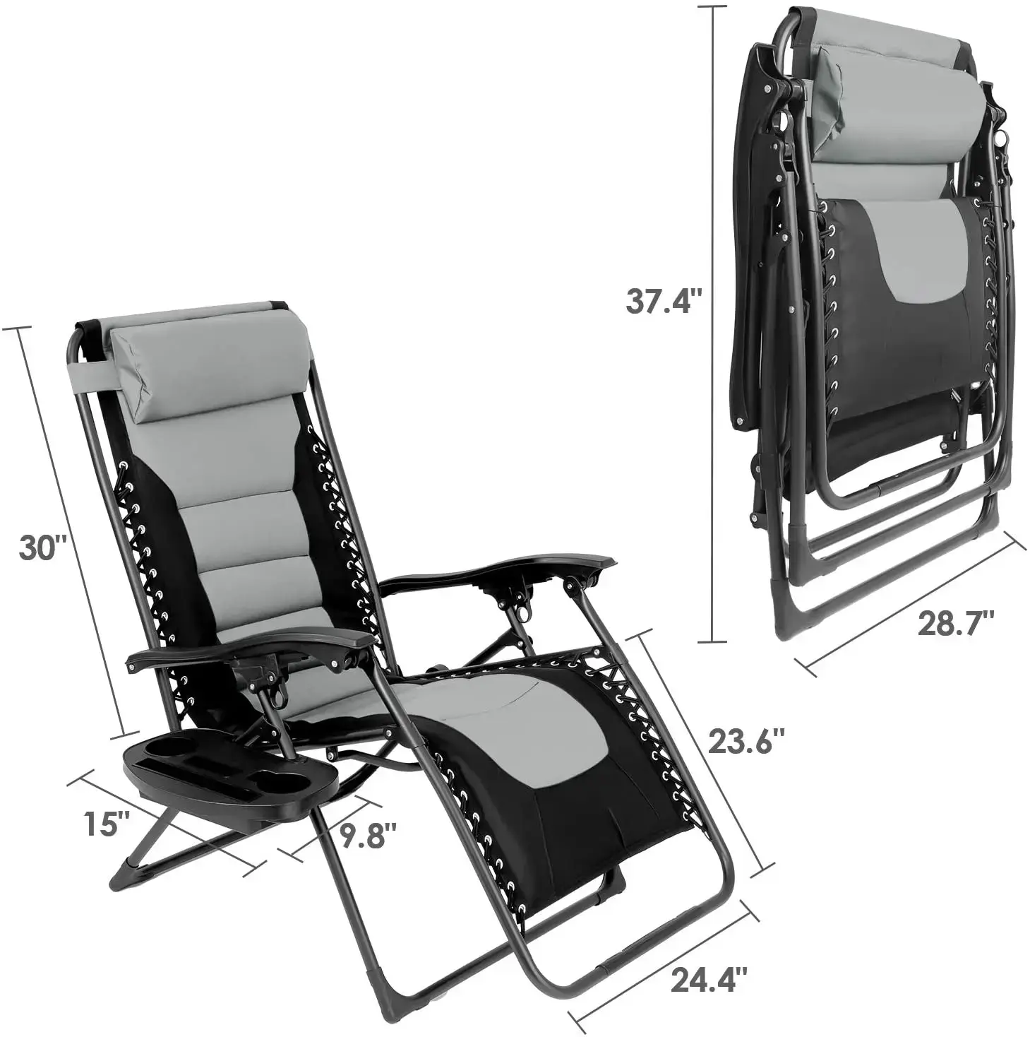 2Pcs Padded Outdoor Folding Lounge Chair 160kg Patio Chaise Lounge Recliner w/ Adjustable Headrest &Cup Holder Outside Reclining