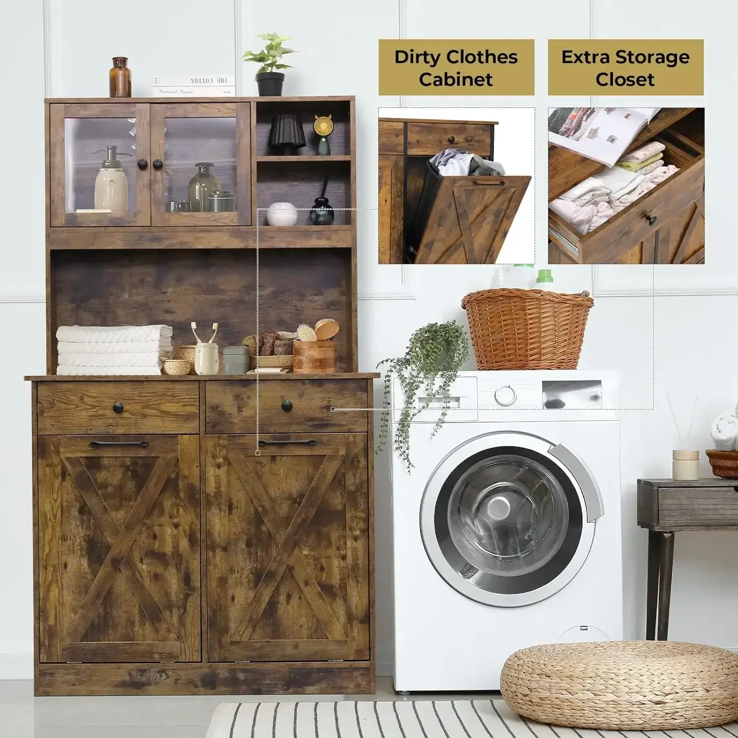Homfa Kitchen Double Trash Can Wooden Storage Cabinet Freestanding 10X2 Gal Dual Tilt Out Garbage Bin