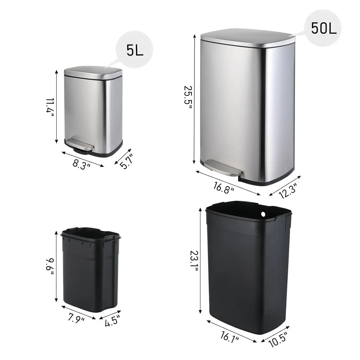 Kitchen Trash Garbage Can 50L+5L  Soft-Close, Smudge Resistant Trash Can with Foot Pedal-Brushed Stainless Steel, Satin Nickel