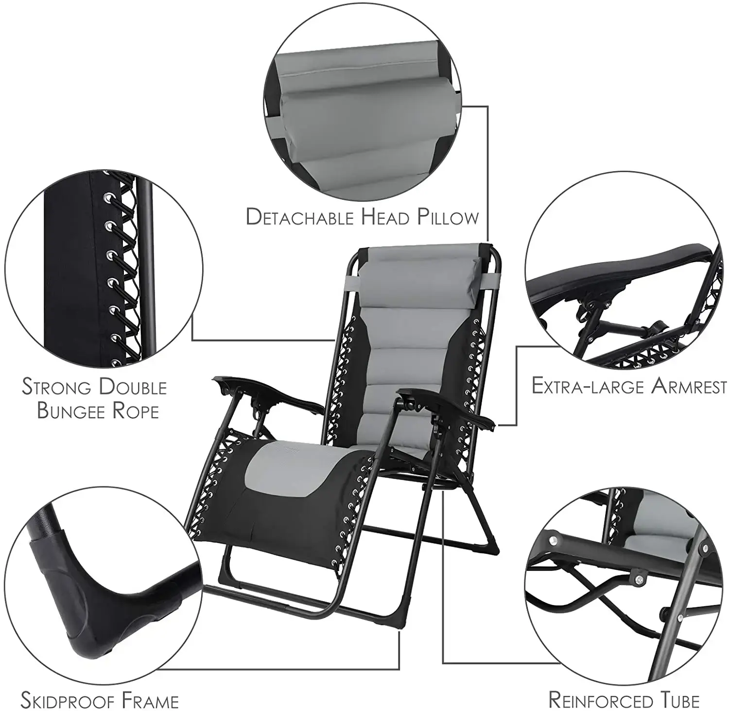 2Pcs Padded Outdoor Folding Lounge Chair 160kg Patio Chaise Lounge Recliner w/ Adjustable Headrest &Cup Holder Outside Reclining