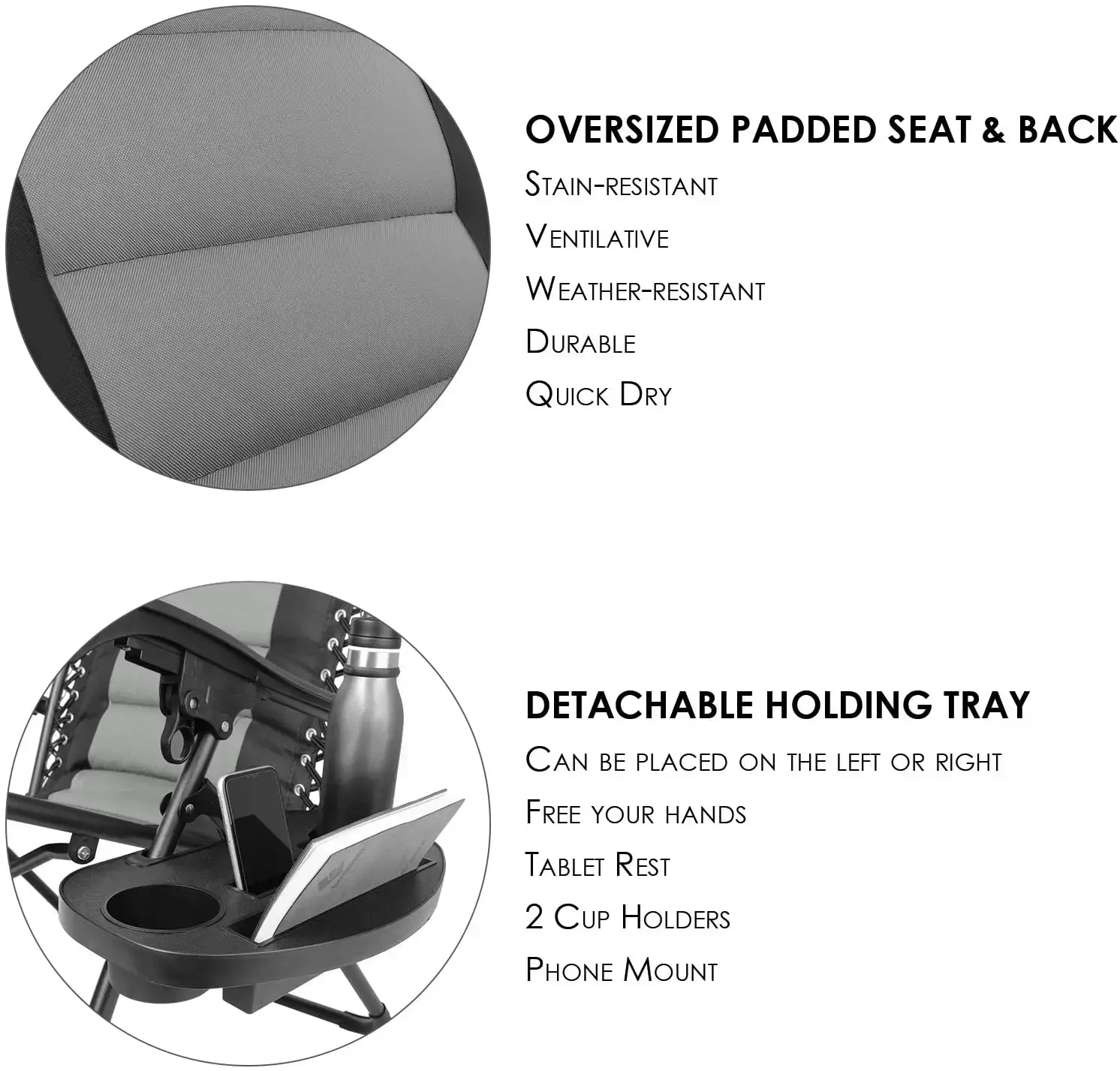 2Pcs Padded Outdoor Folding Lounge Chair 160kg Patio Chaise Lounge Recliner w/ Adjustable Headrest &Cup Holder Outside Reclining