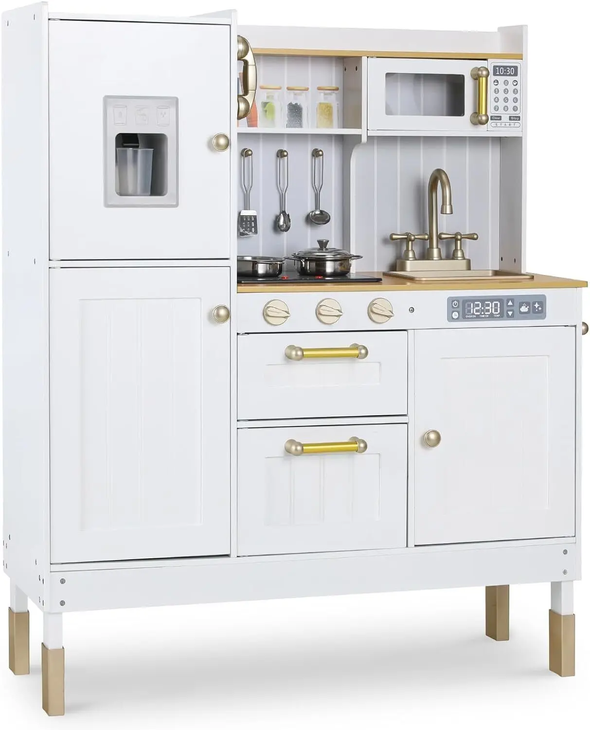Kids Upright Wooden Kitchen Toy Playset with Stove, Oven, Sink, Fridge and Accessories, for Toddlers, Preschoolers, Children