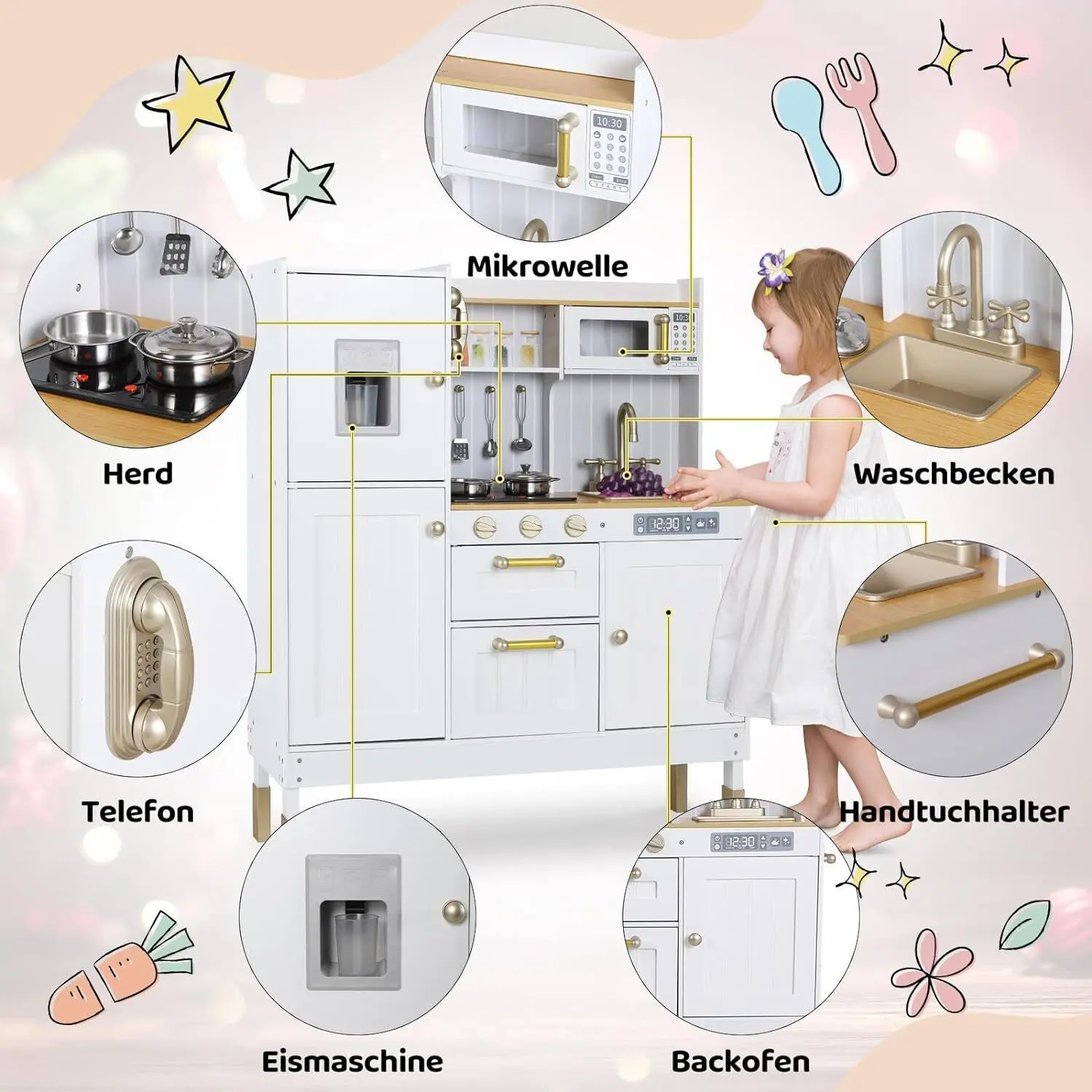 Kids Upright Wooden Kitchen Toy Playset with Stove, Oven, Sink, Fridge and Accessories, for Toddlers, Preschoolers, Children