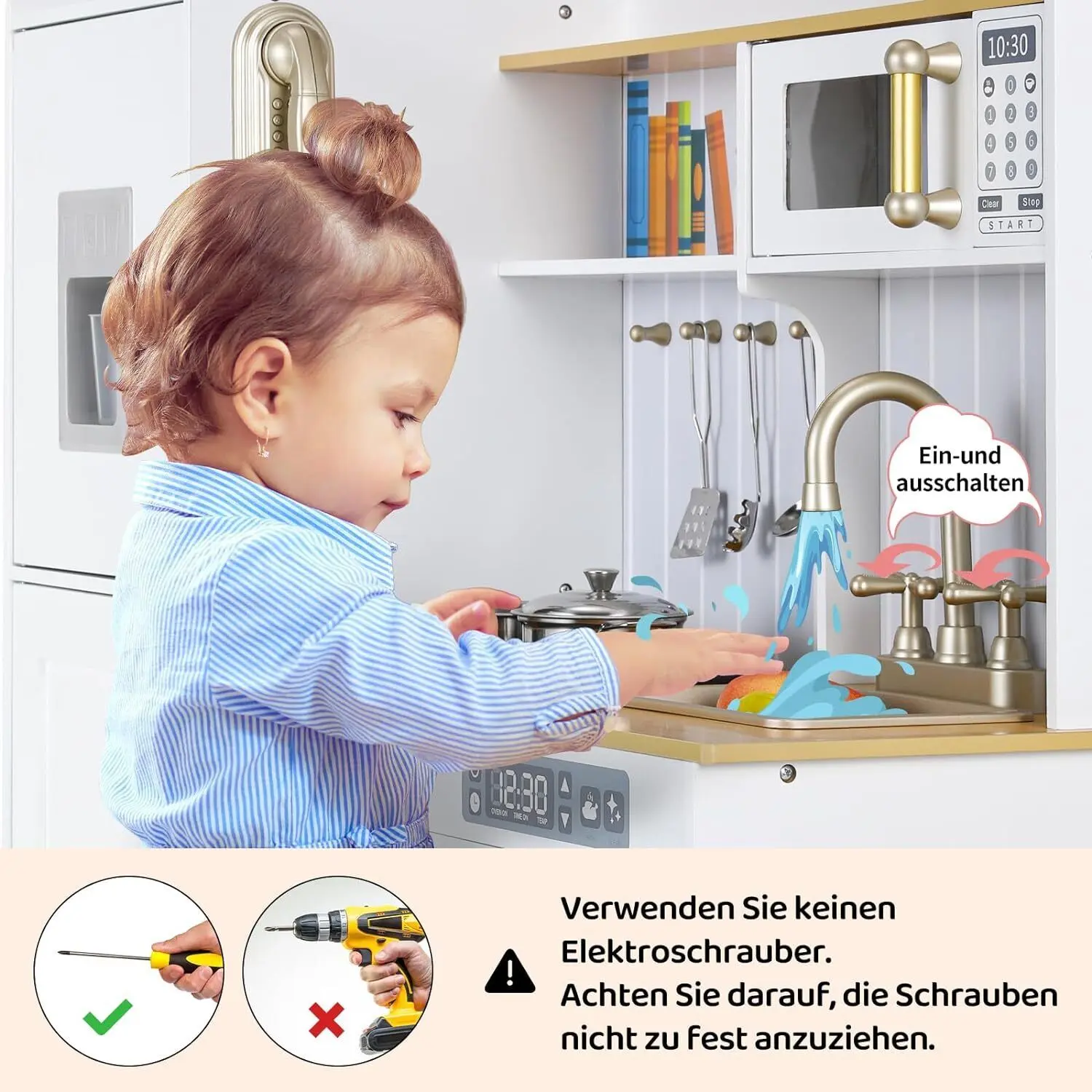 Kids Upright Wooden Kitchen Toy Playset with Stove, Oven, Sink, Fridge and Accessories, for Toddlers, Preschoolers, Children