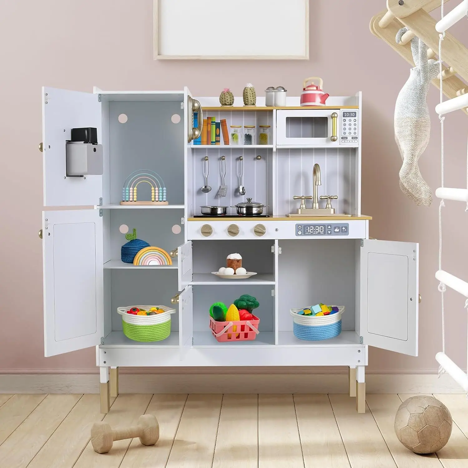 Kids Upright Wooden Kitchen Toy Playset with Stove, Oven, Sink, Fridge and Accessories, for Toddlers, Preschoolers, Children