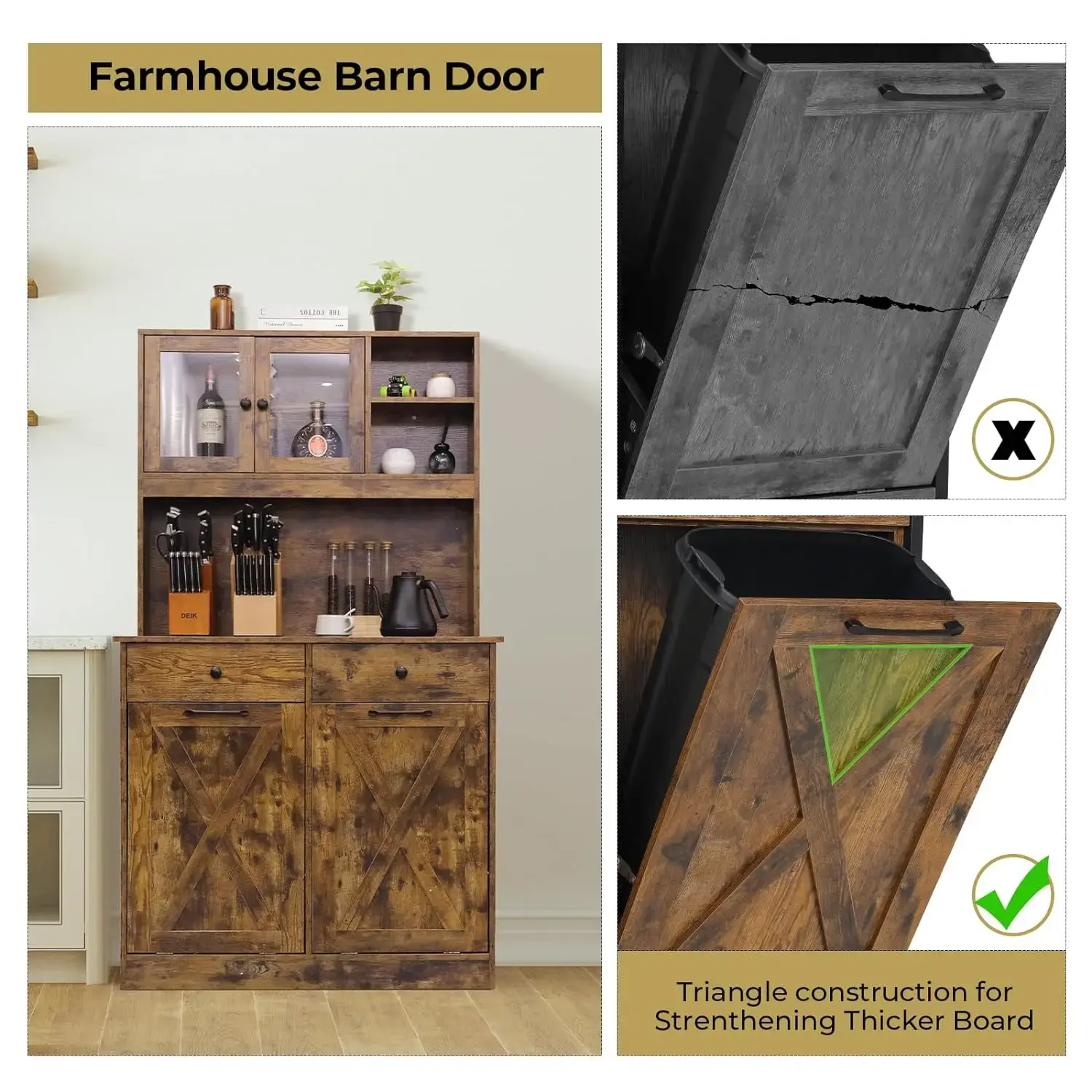 Homfa Kitchen Trash Cabinet, Double Tilt Out Hidden Garbage  Holder with 2 Drawers, Shelves and Barn Door