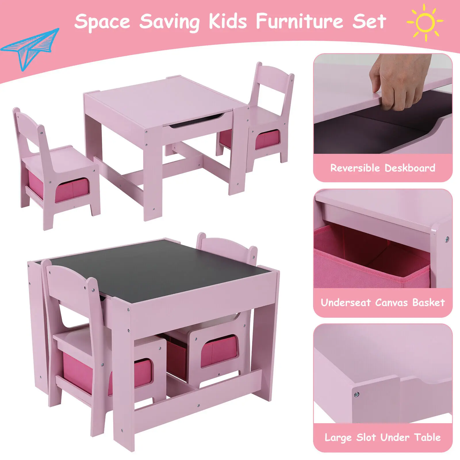 Kids Table and 2 Chairs Set W/ Storage Drawer Wooden Activity Table For Toddlers