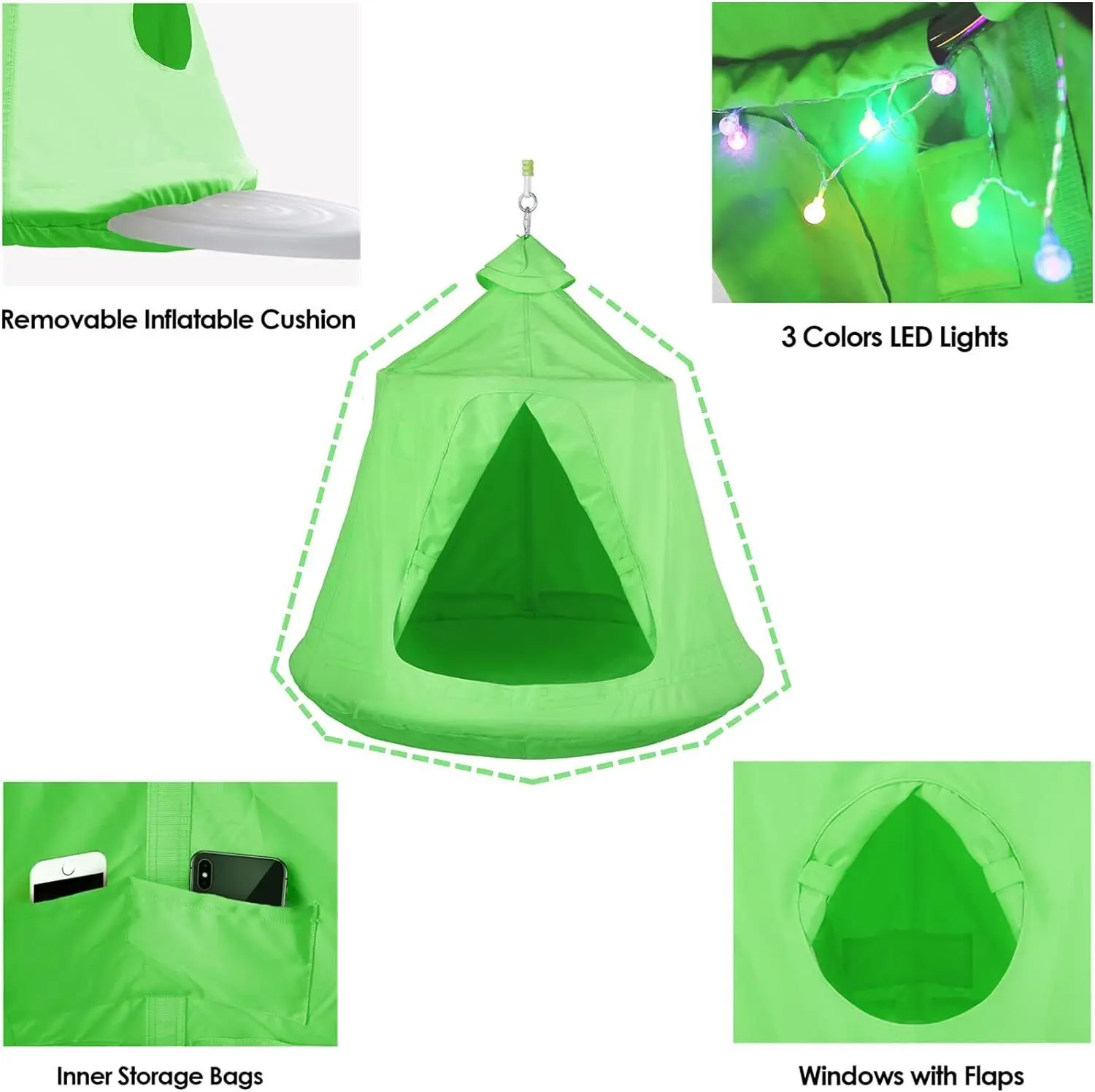 Hammock Chair Stand with Swing Chair, Hanging Tree Tent, Steel Stand Combo, with LED Decoration Lights, Indoor Outdoor Kids Play