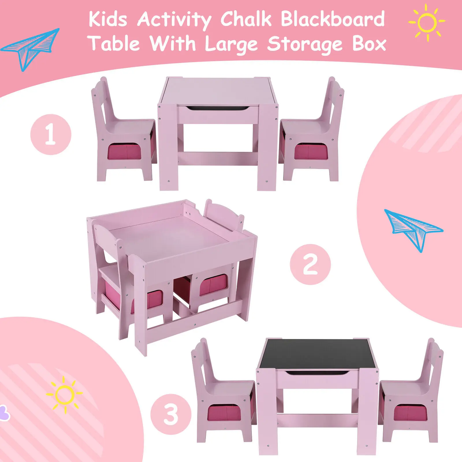 Kids Table and 2 Chairs Set W/ Storage Drawer Wooden Activity Table For Toddlers