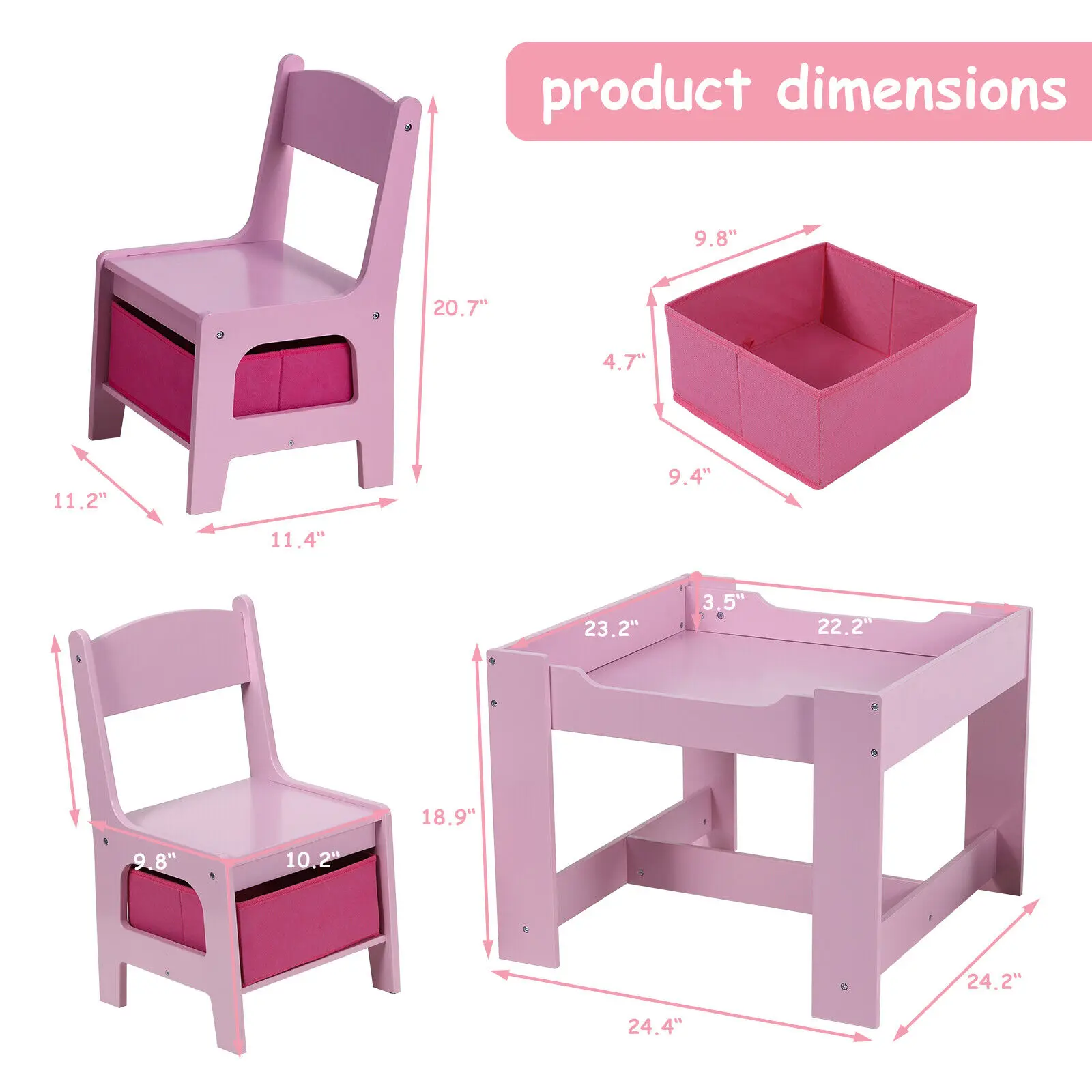Kids Table and 2 Chairs Set W/ Storage Drawer Wooden Activity Table For Toddlers