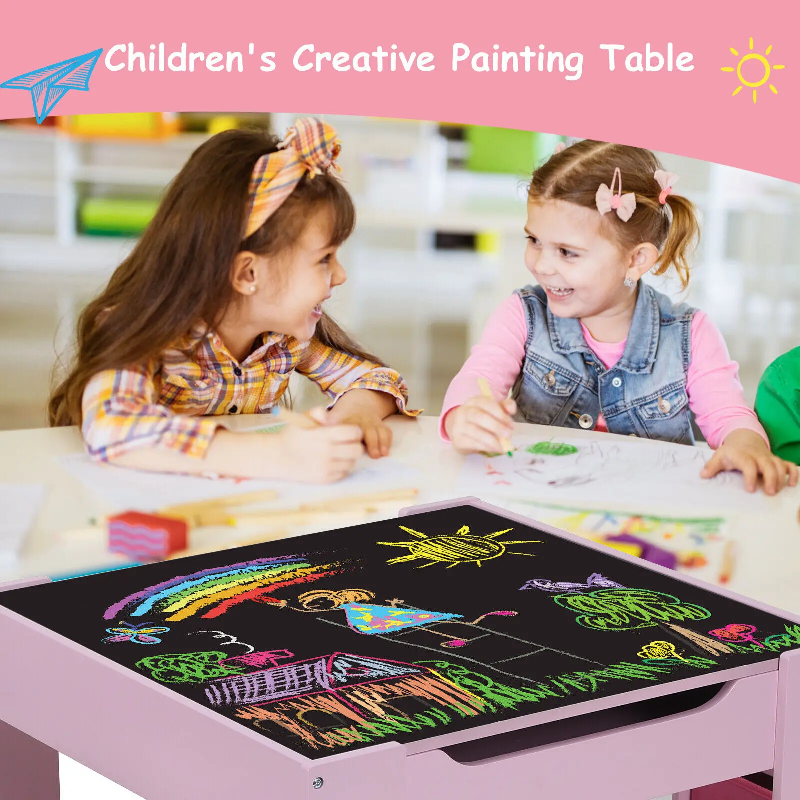 Kids Table and 2 Chairs Set W/ Storage Drawer Wooden Activity Table For Toddlers