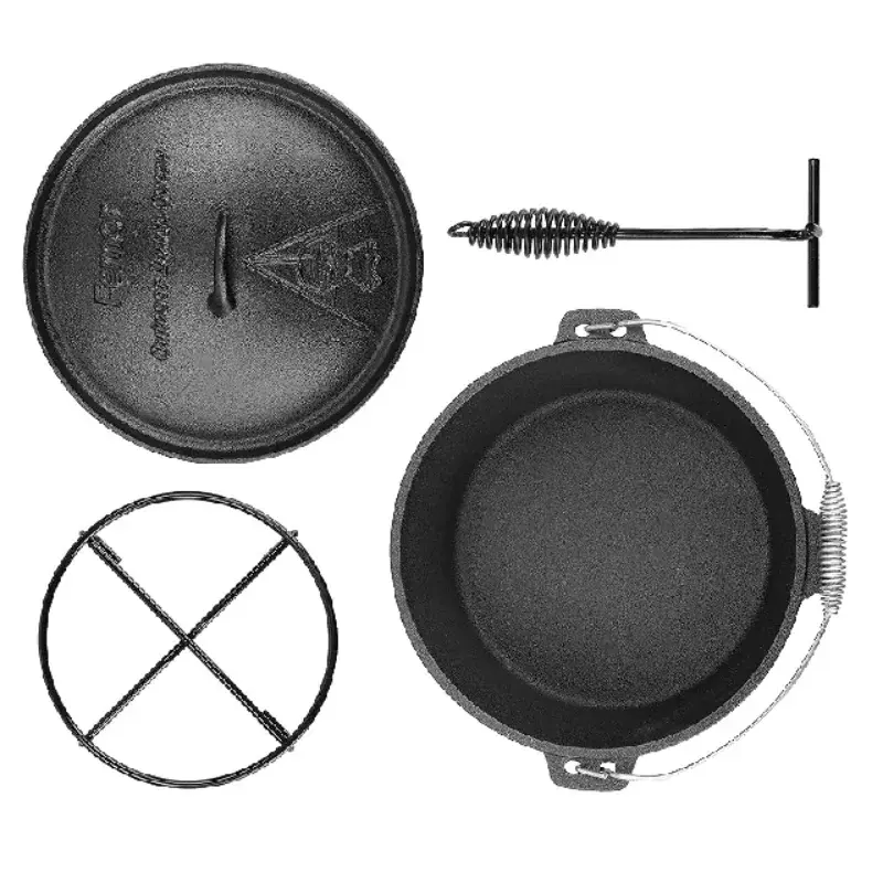 Femor Outdoor Dutch Oven with Lid Lifter Support and Screw Handle Cast Iron Pot for Outdoor and Indoor Cooking Baking 7.5 L
