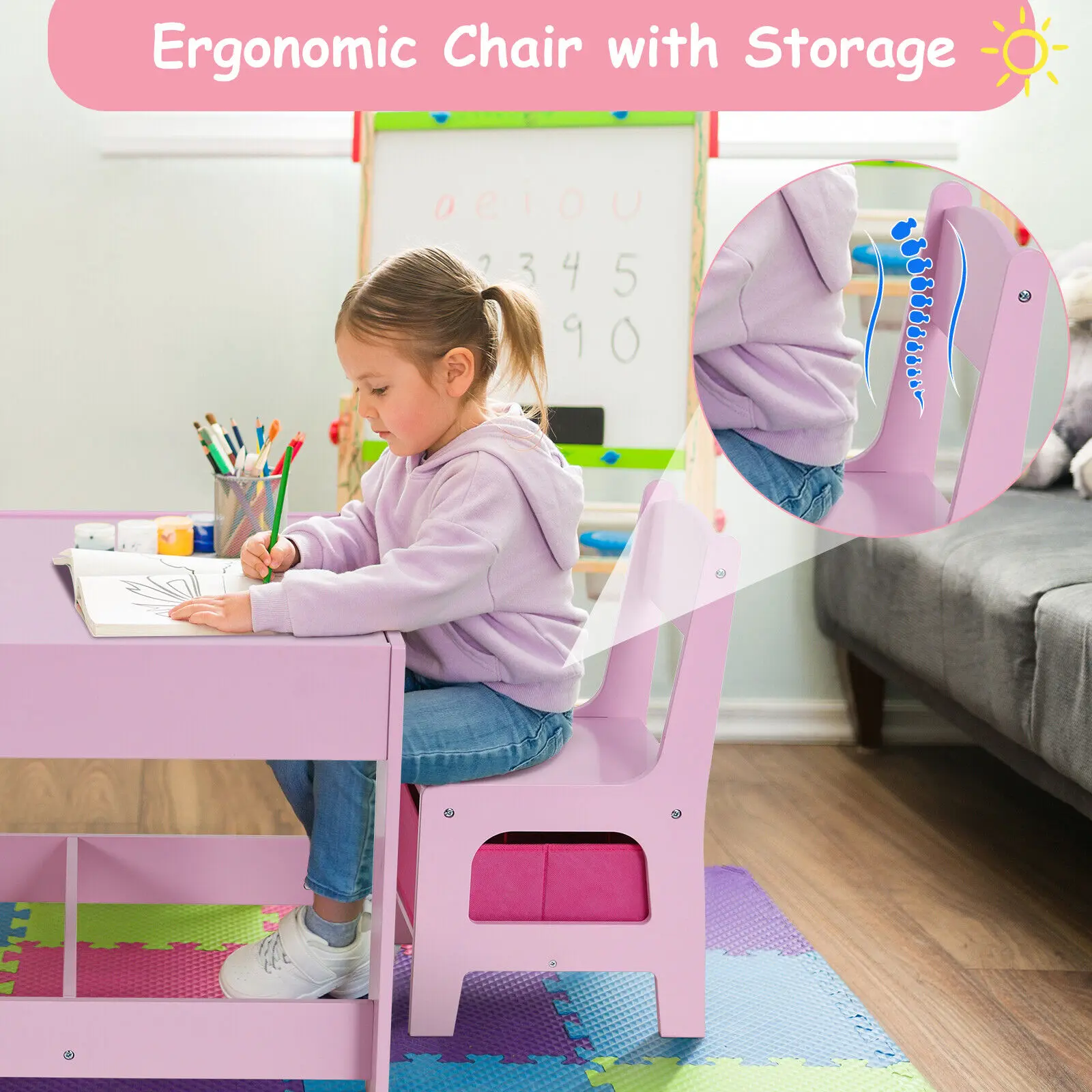 Kids Table and 2 Chairs Set W/ Storage Drawer Wooden Activity Table For Toddlers