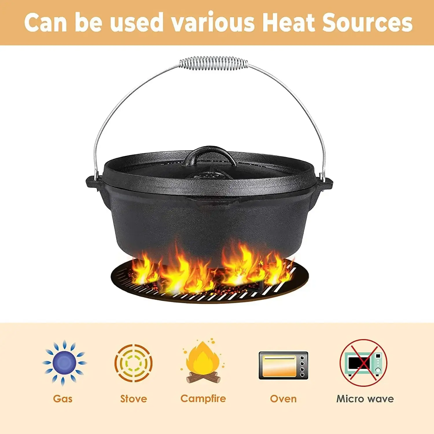 Femor Outdoor Dutch Oven with Lid Lifter Support and Screw Handle Cast Iron Pot for Outdoor and Indoor Cooking Baking 7.5 L