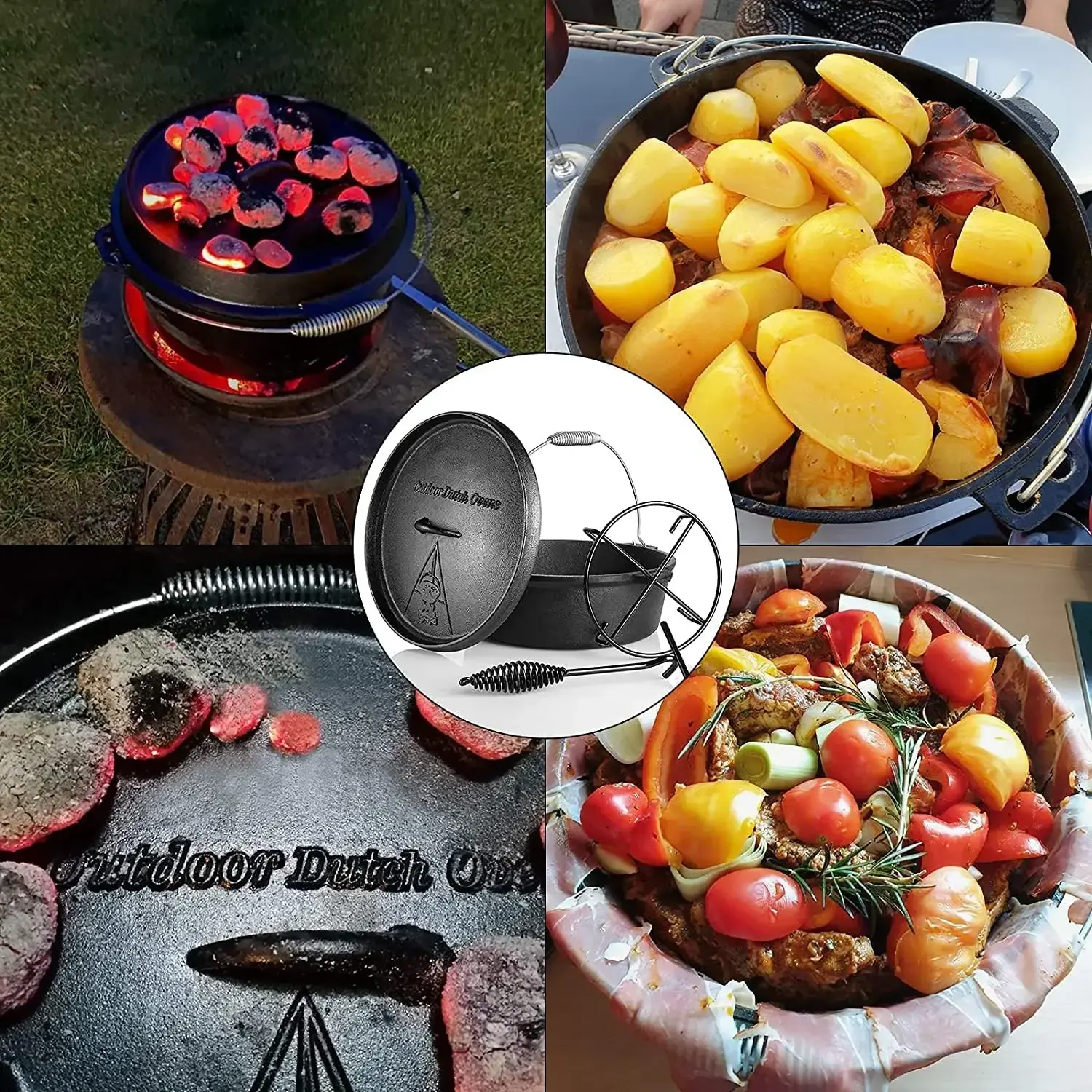 Femor Outdoor Dutch Oven with Lid Lifter Support and Screw Handle Cast Iron Pot for Outdoor and Indoor Cooking Baking 7.5 L