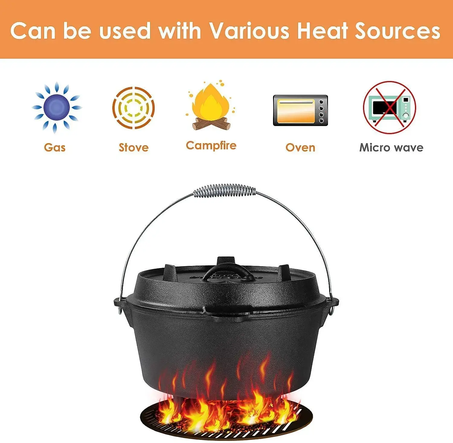 5/12.5 Quart Cast Iron Dutch Oven Camping Pot Outdoor Portable Multi-function Cookware Stew Barbecue Soup Picnic Pot