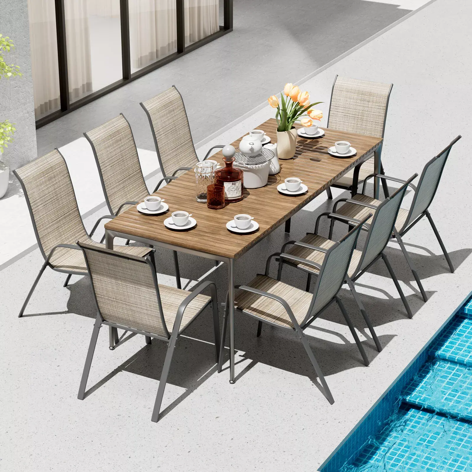Set of 8 Patio Dining Chairs Stackable Armrest Backrest ,Outdoor  Chairs Breathable Waterproof fabric W/ Heavy Duty Metal Frame