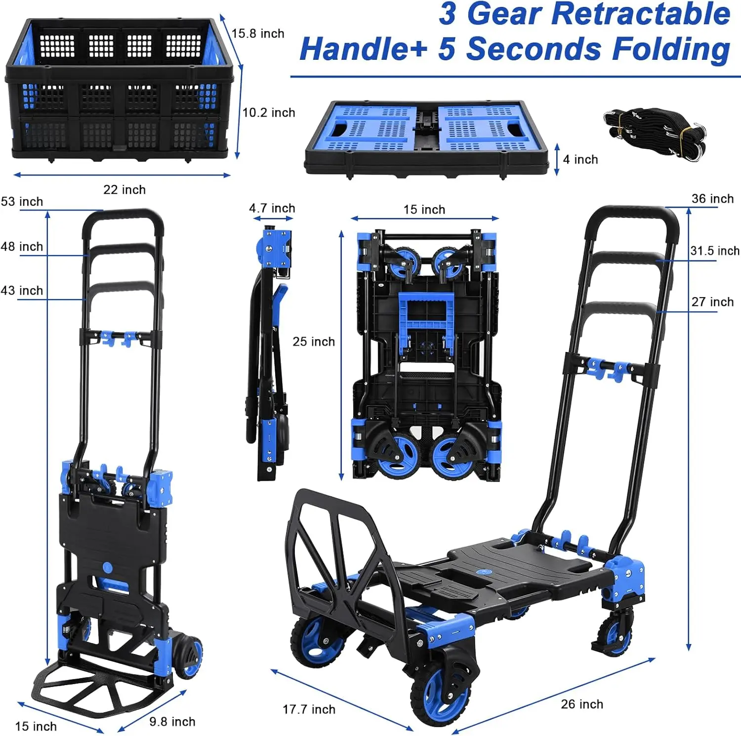 2-in-1 Hand Truck Dolly Folding Basket, 330LBS Platform Cart Dolly, Collapsible Utility Luggage Dolly Cart, W/Retractable Handle