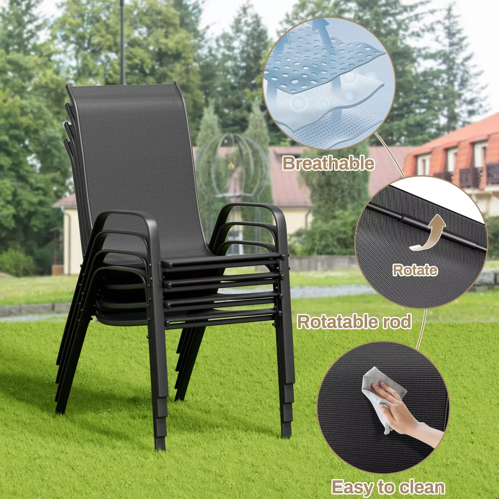Patio Dining Set 5 Pieces, All Weather Outdoor Furniture W/ 30"x30" Table and 4 Stackable Textilene Chairs, Metal Table & Chairs