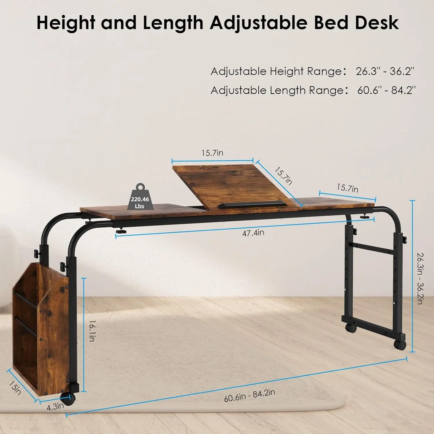 Overbed Table with Wheels,60.6-84.2″ Mobile Bed Desk,Rolling Computer Desk, Laptop Cart,W/0-65°Tilt Stand,4 Heights,6 Lengths