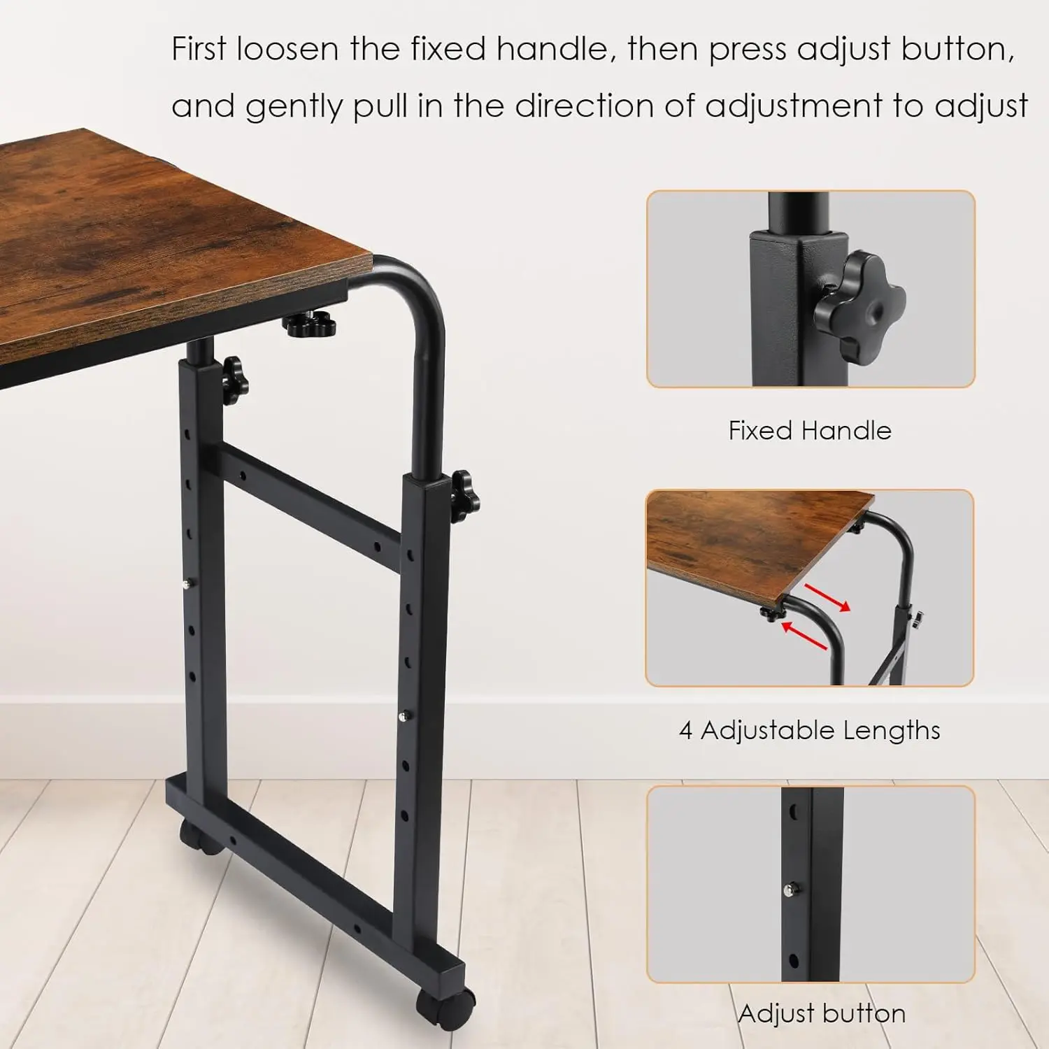 Overbed Table with Wheels,60.6-84.2″ Mobile Bed Desk,Rolling Computer Desk, Laptop Cart,W/0-65°Tilt Stand,4 Heights,6 Lengths